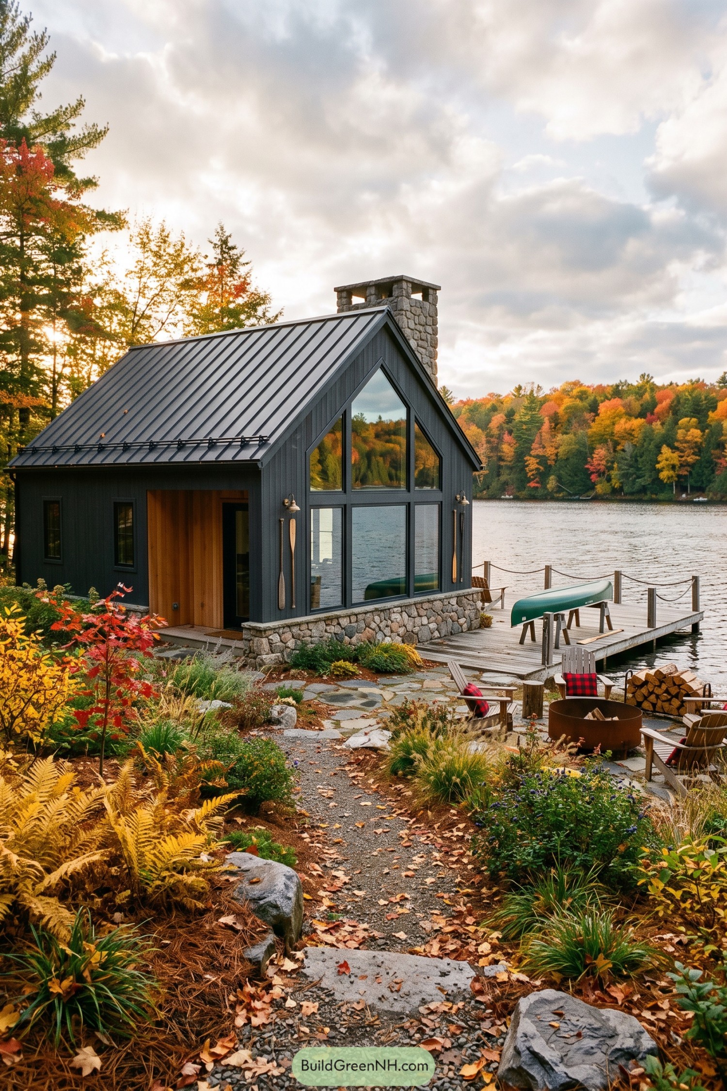 Dark gabled lake cabin with stone chimney and private dock