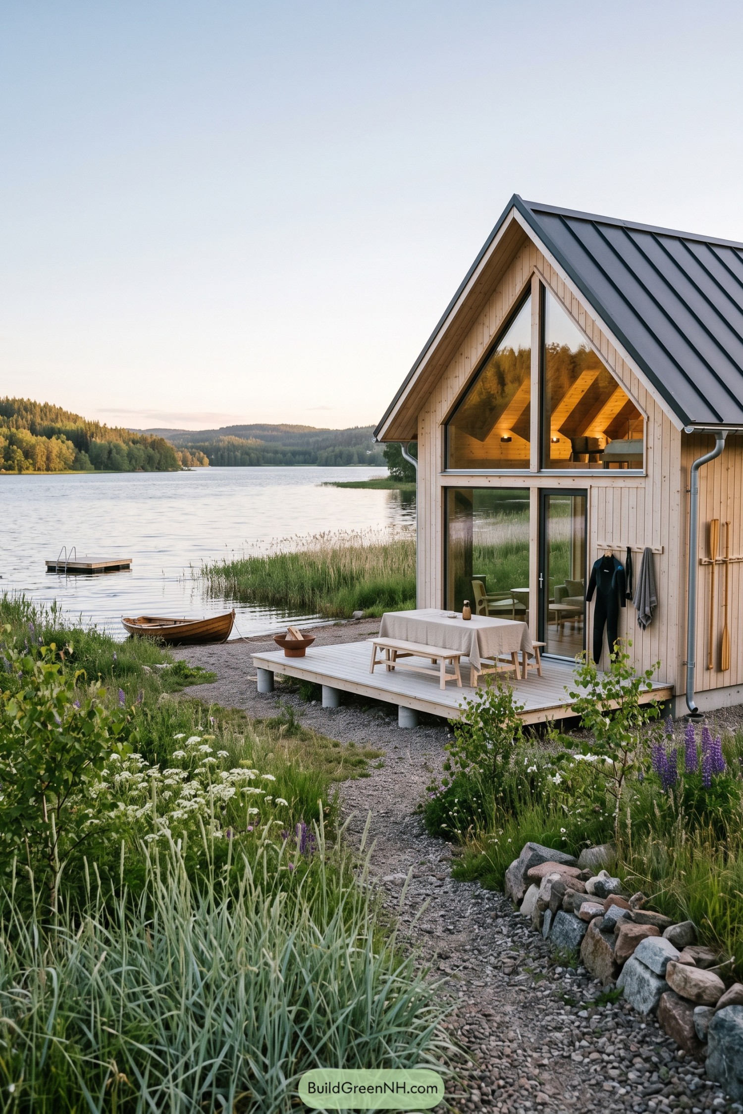 Timber gable cabin beside a calm lake