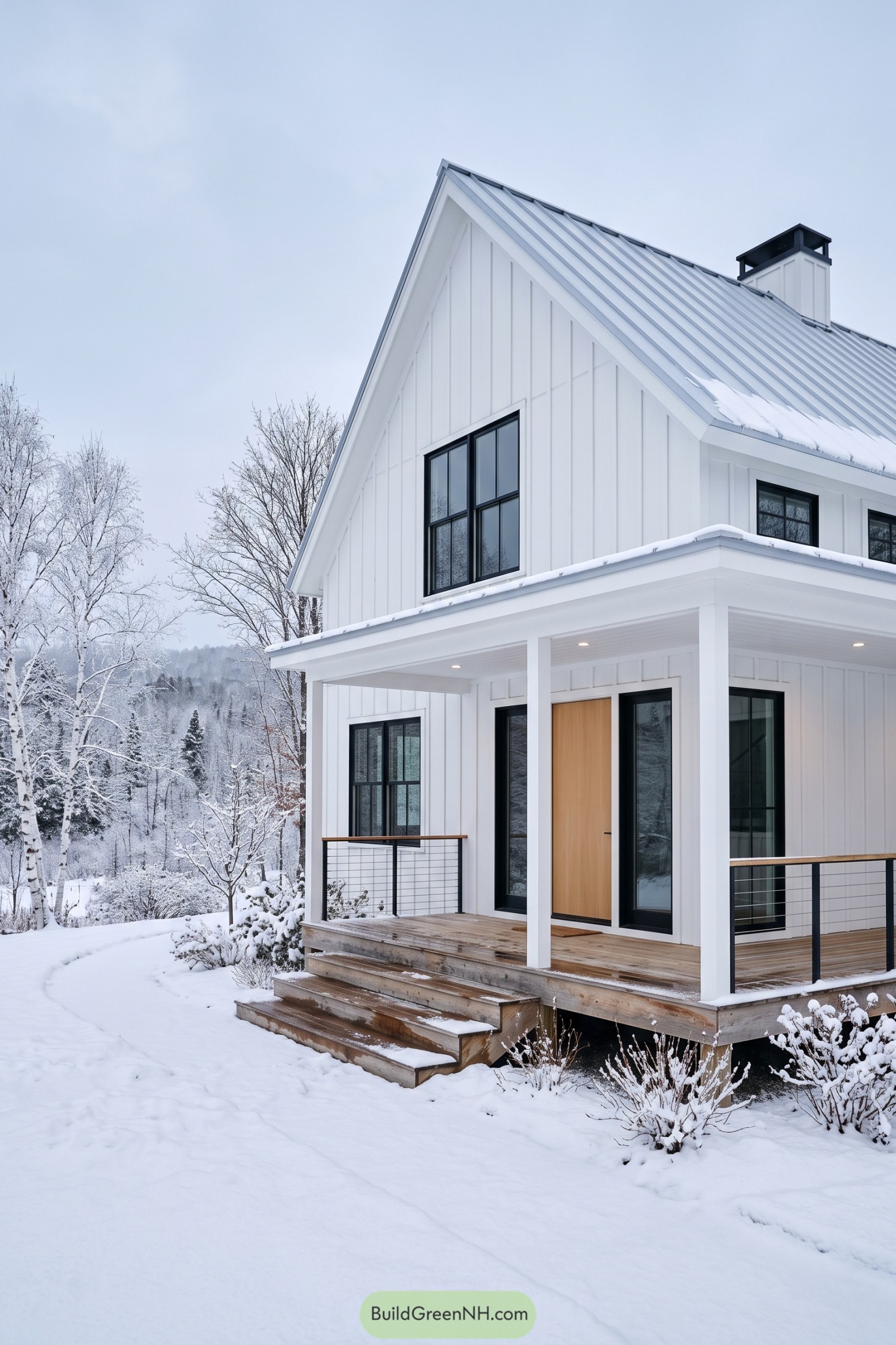 White modern barn house with a covered porch in snow
