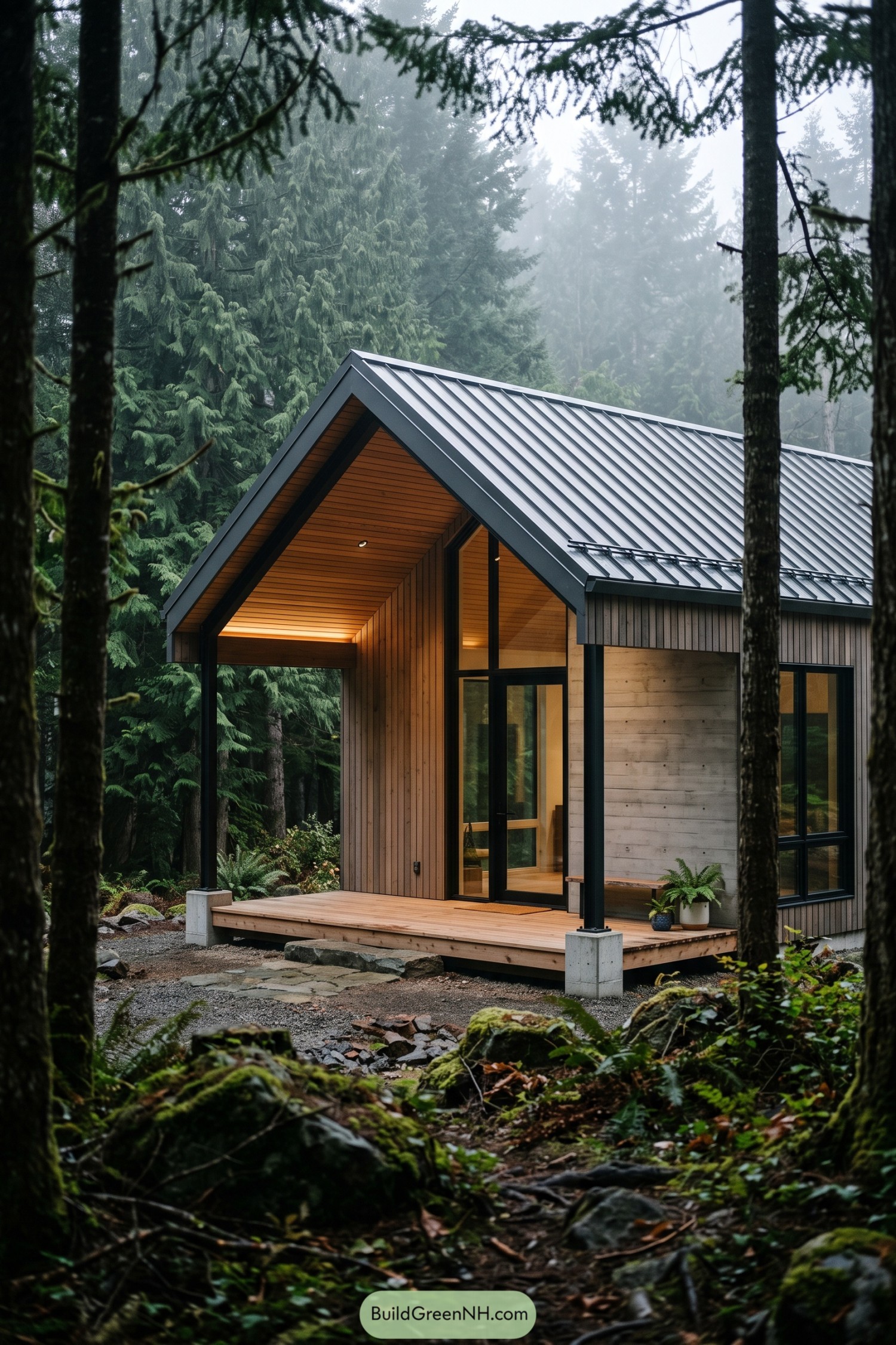Modern barn cabin with covered timber porch in forest