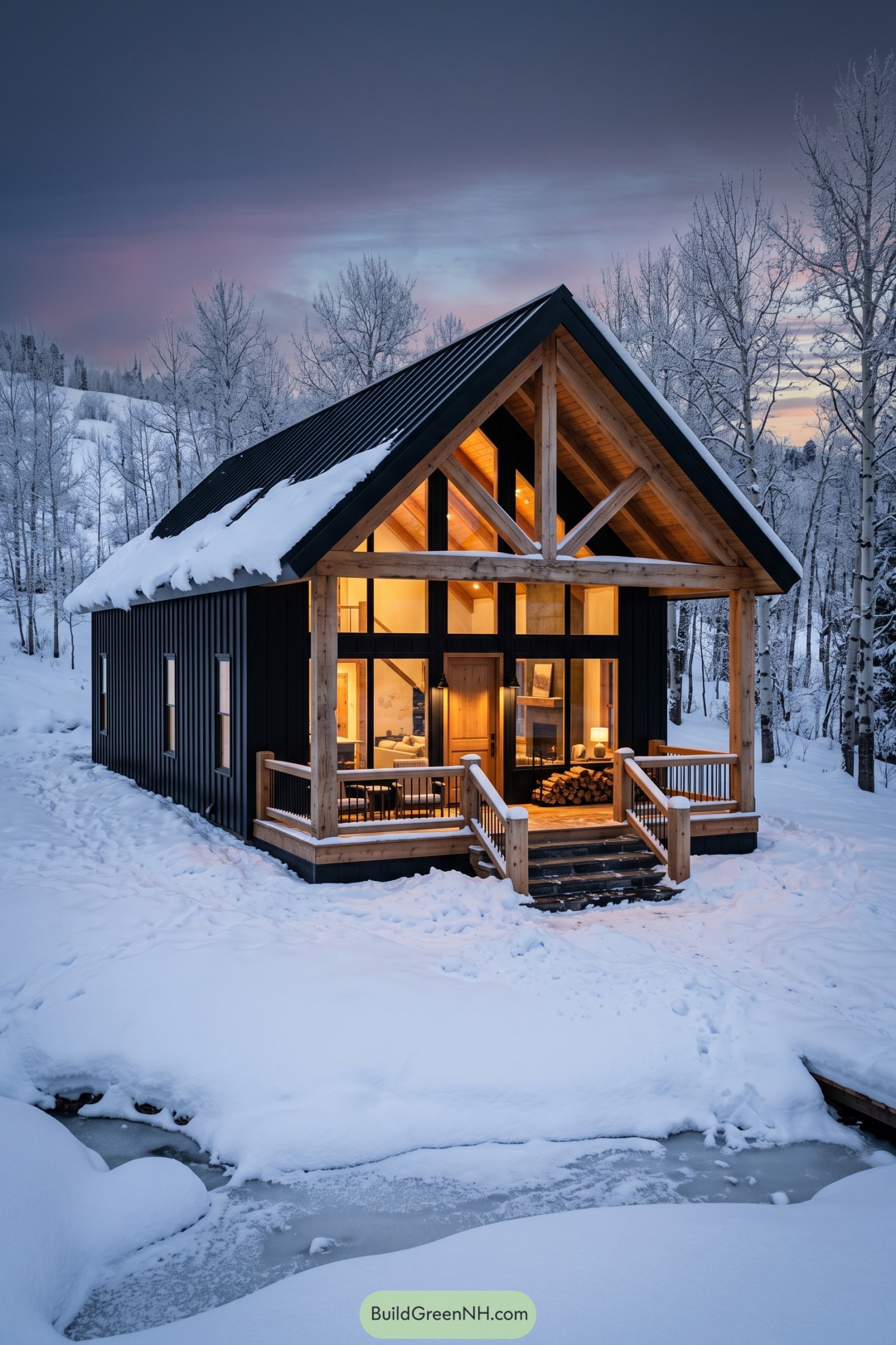 Black gabled barn home with timber porch in snow