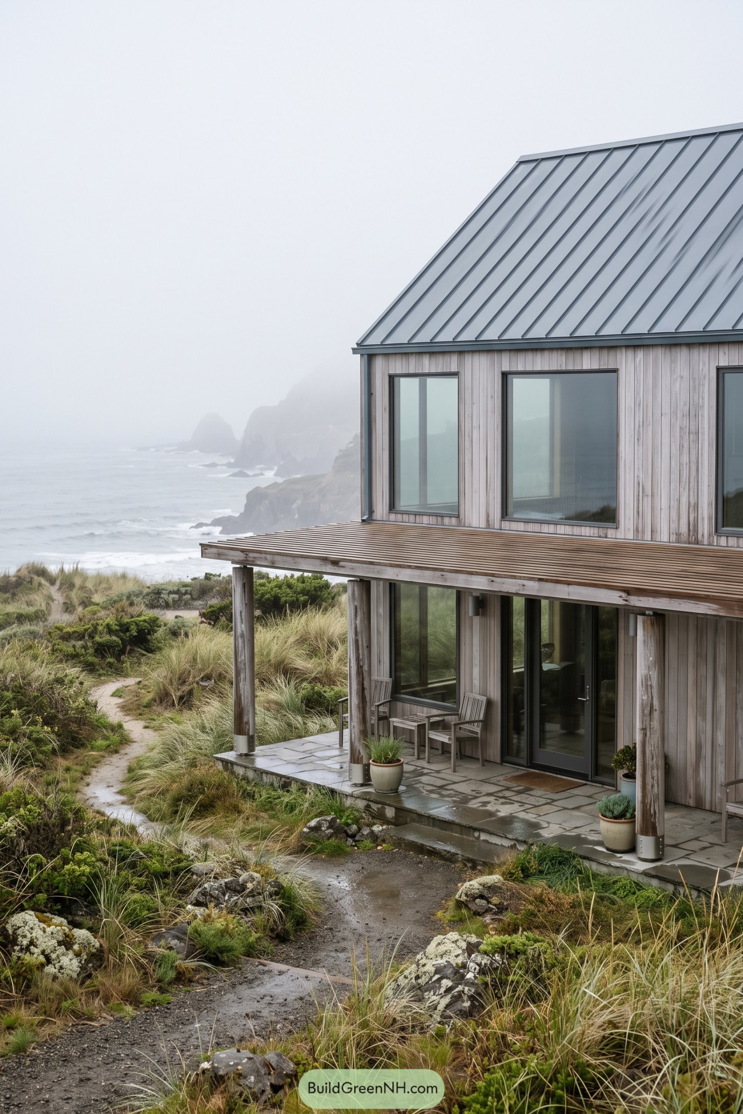 Wood clad coastal barn house with covered porch overlooking misty cliffs