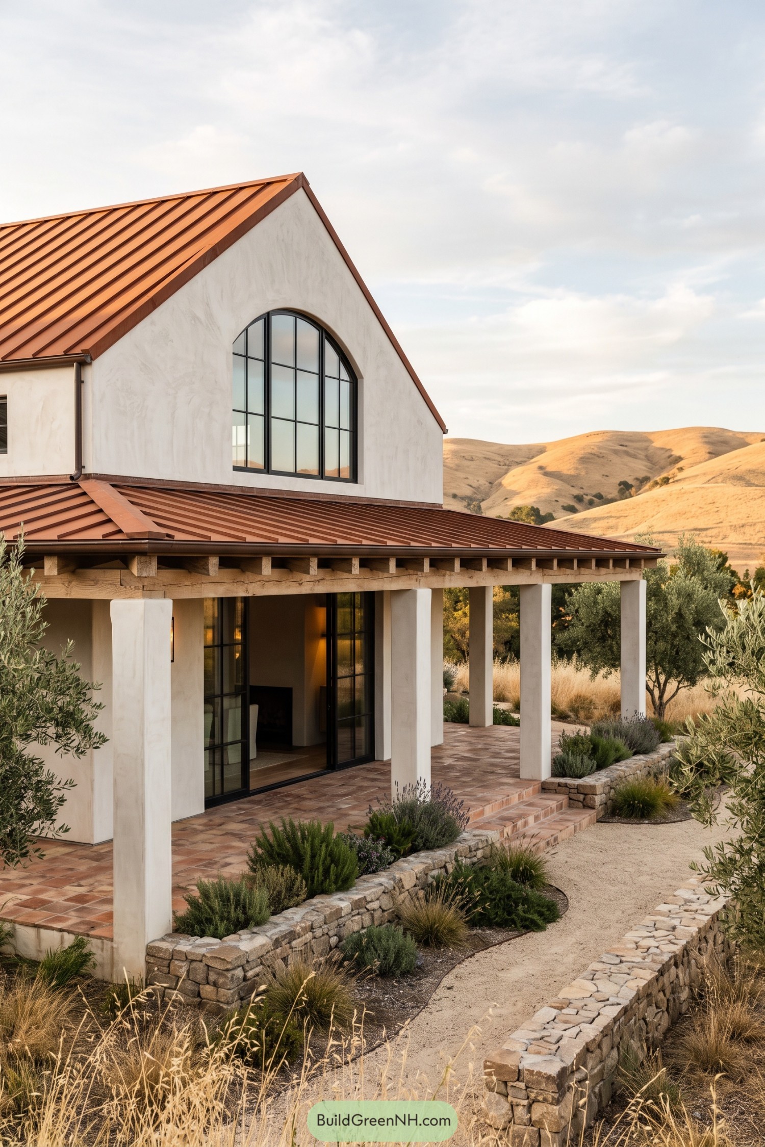 White stucco barn house with a terracotta roof and covered porch among golden hills