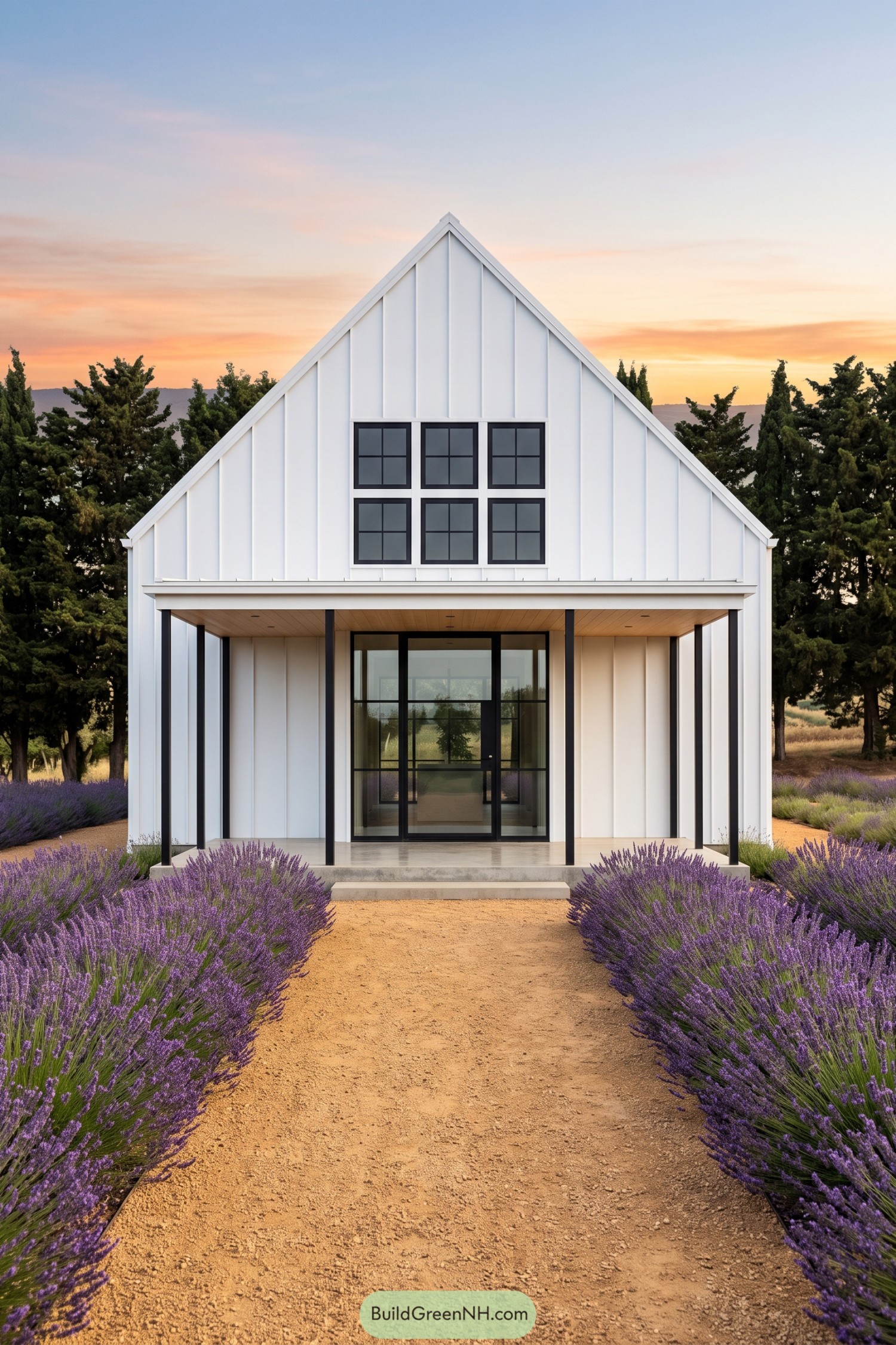 White modern barn house with black framed windows and lavender path