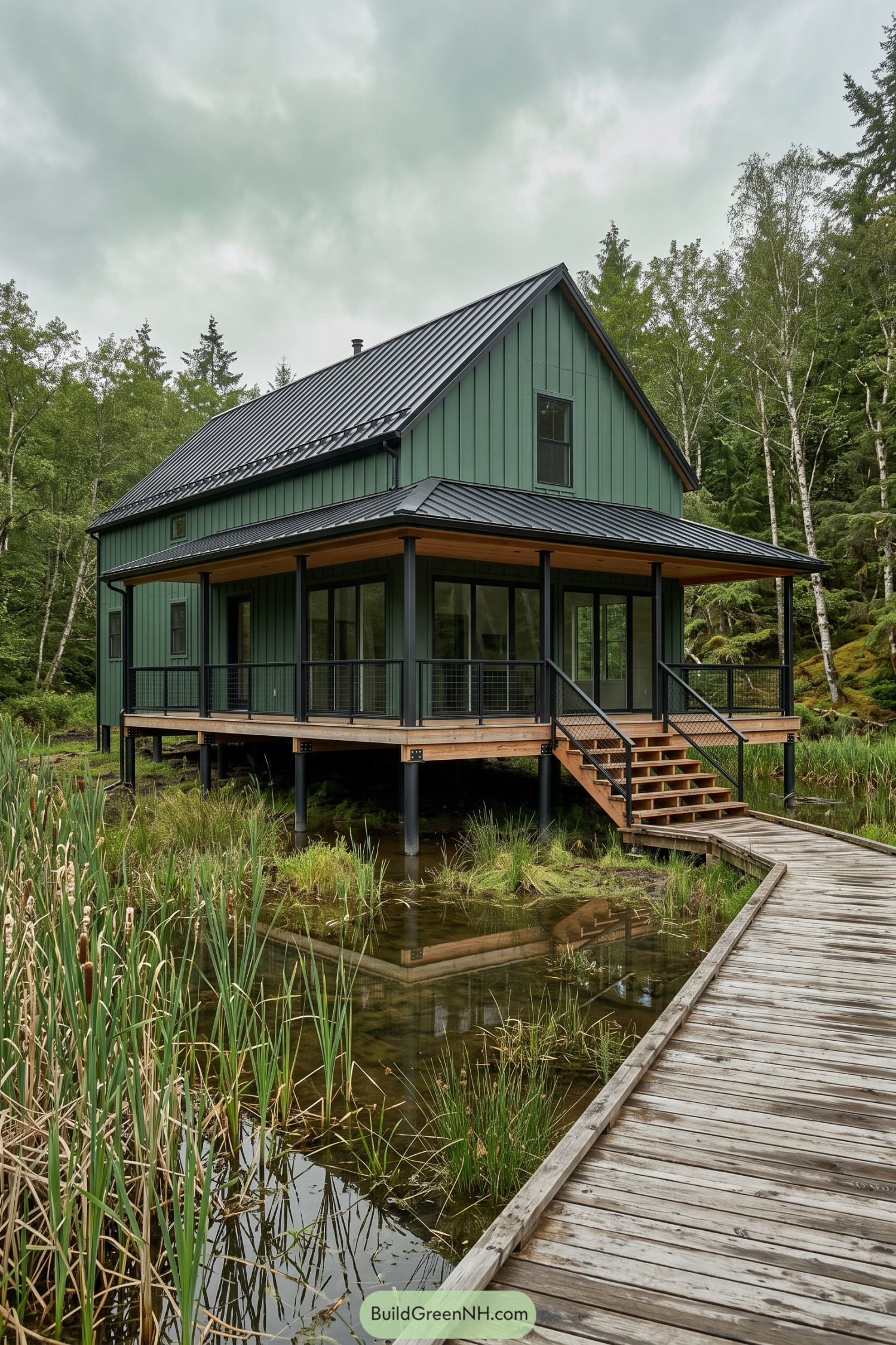 Green barn house on stilts with a wraparound porch beside wetlands