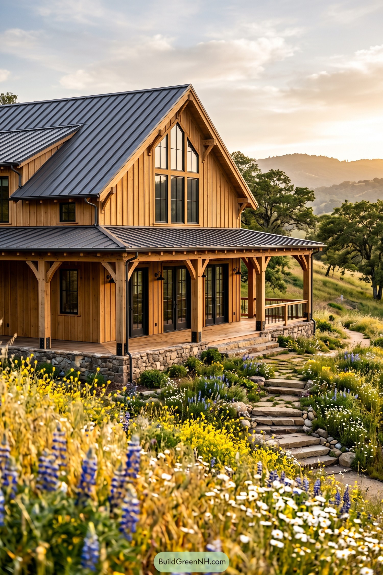 Timber barn house with a deep porch beside a wildflower meadow