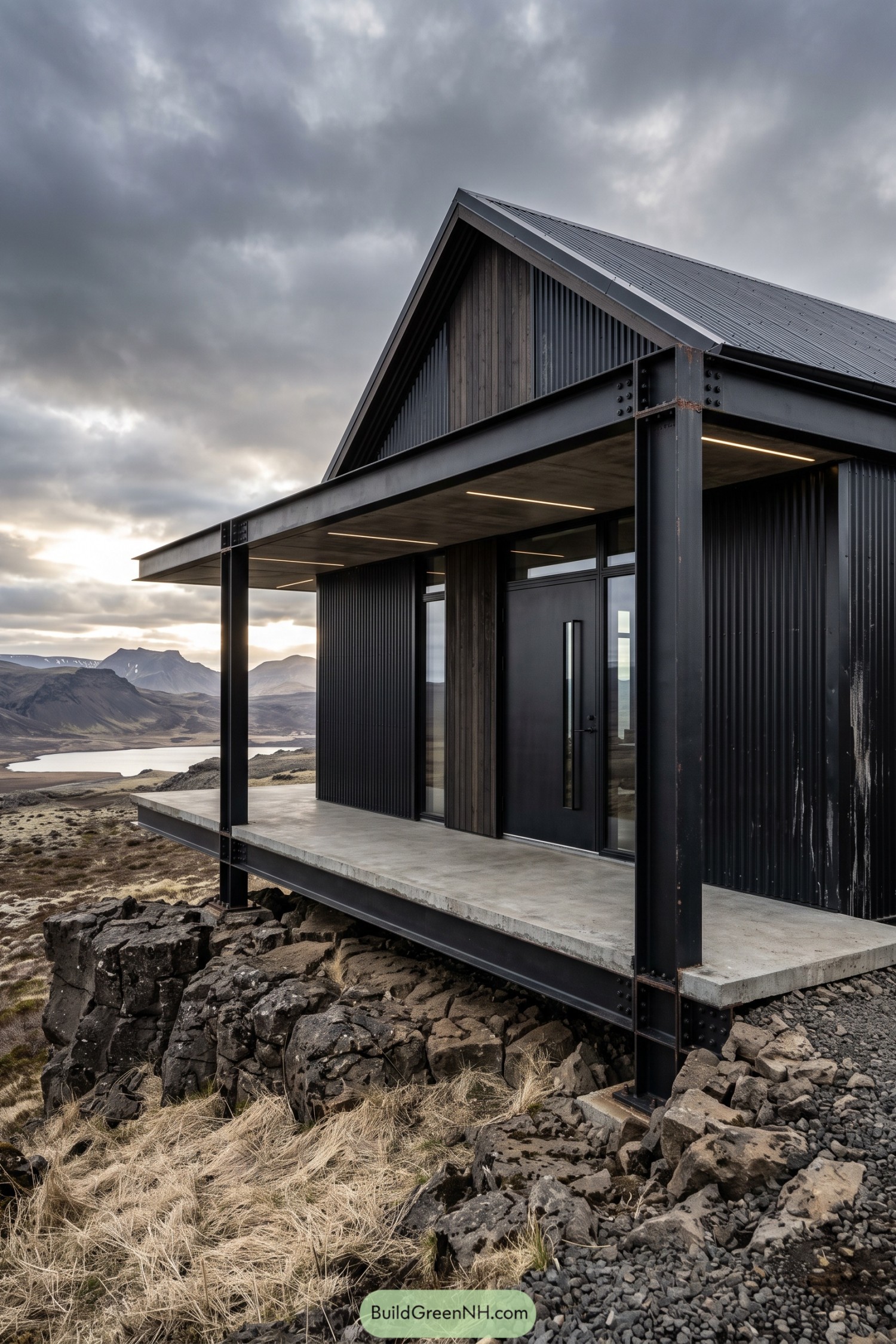 Black metal barn house with a steel-framed porch above volcanic rocks