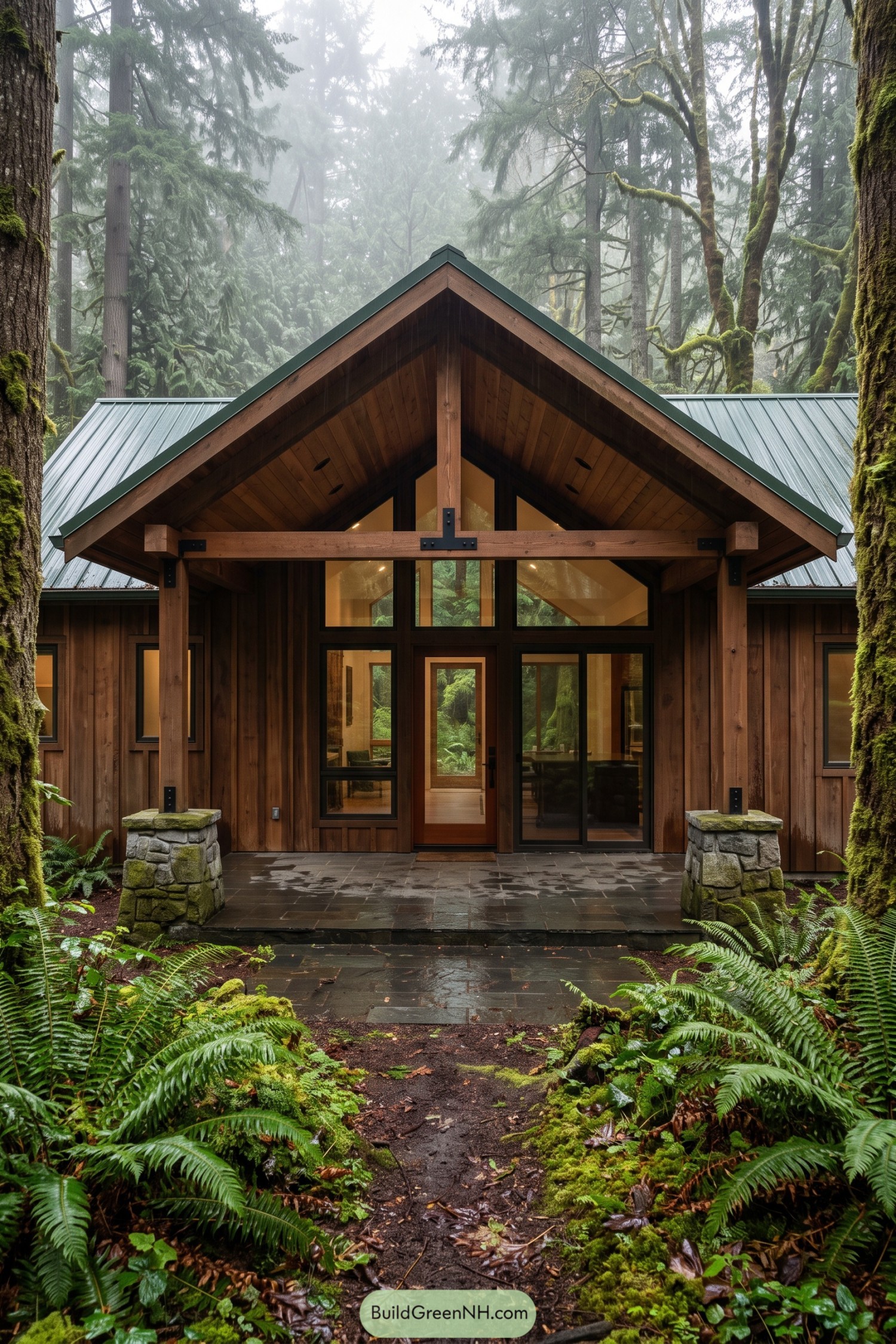 Timber barn house with gabled porch in forest