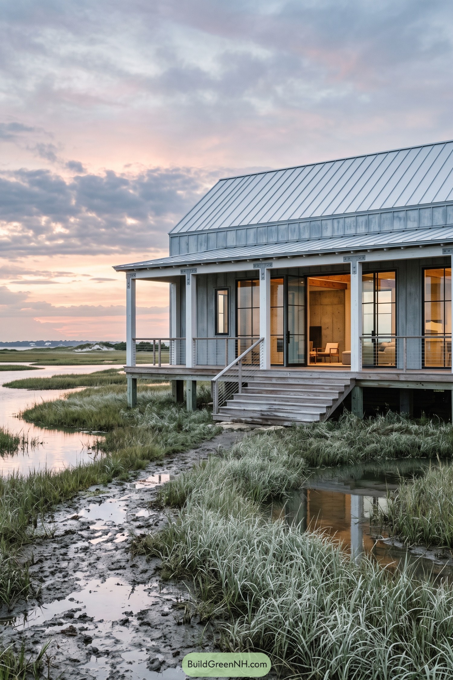 Raised coastal barn home with a broad porch above marsh grasses