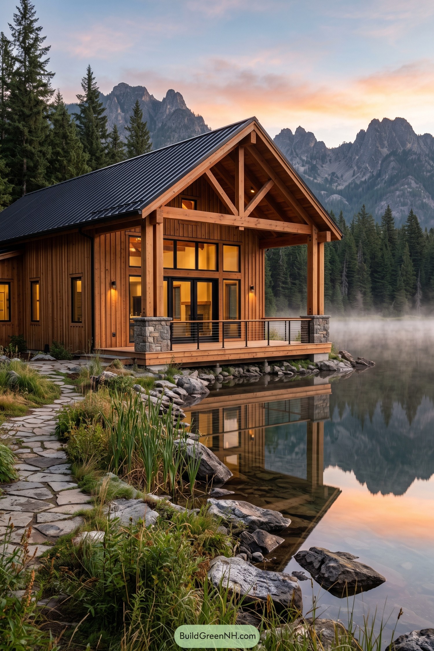 Timber barn house with a covered lakeside porch beneath mountain peaks