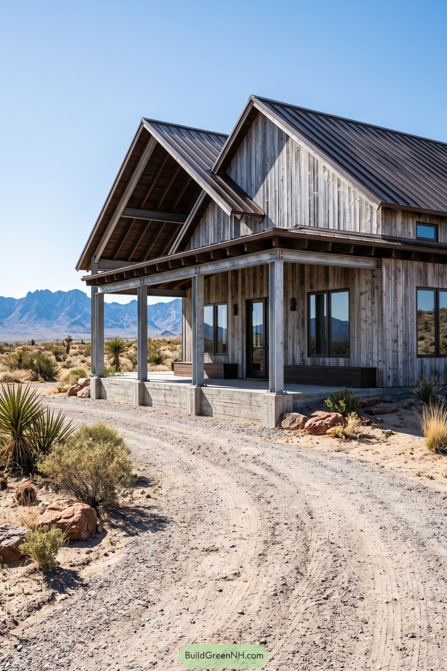 Modern barn home with a steel-framed porch in desert terrain
