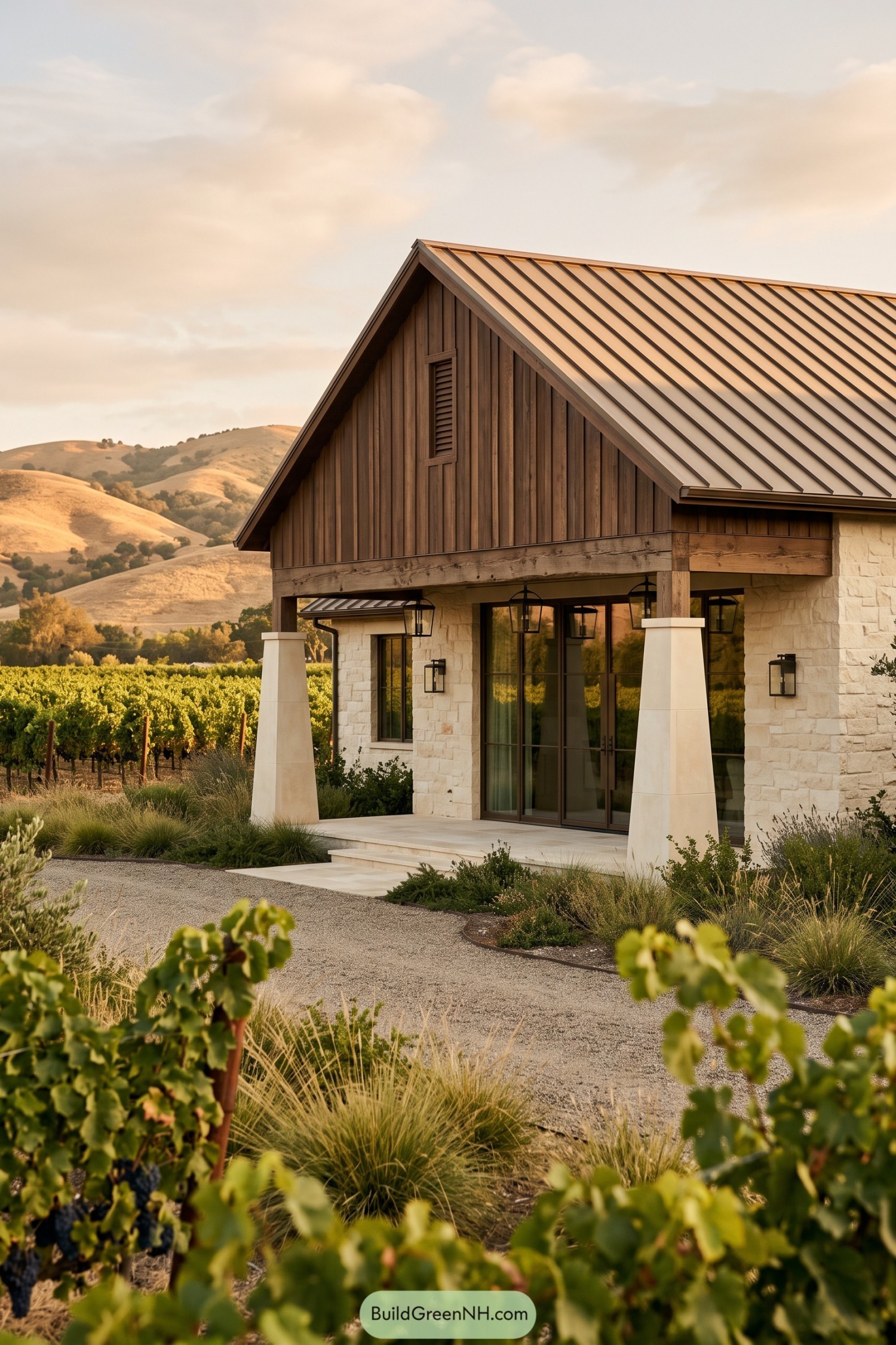 Modern barn house with stone porch beside vineyard rows
