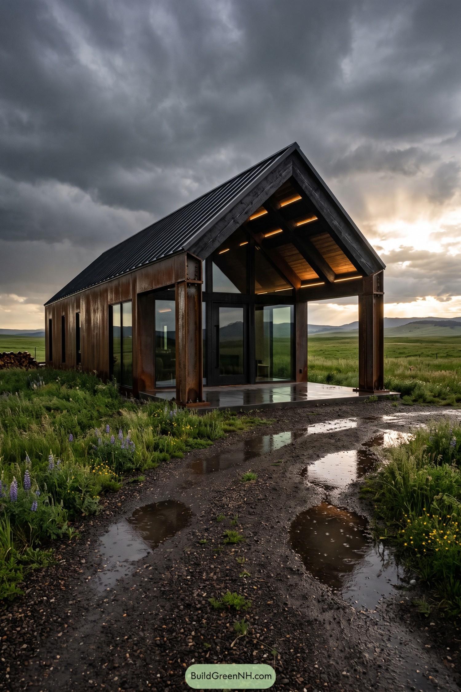 Modern steel barn home with covered porch in green fields