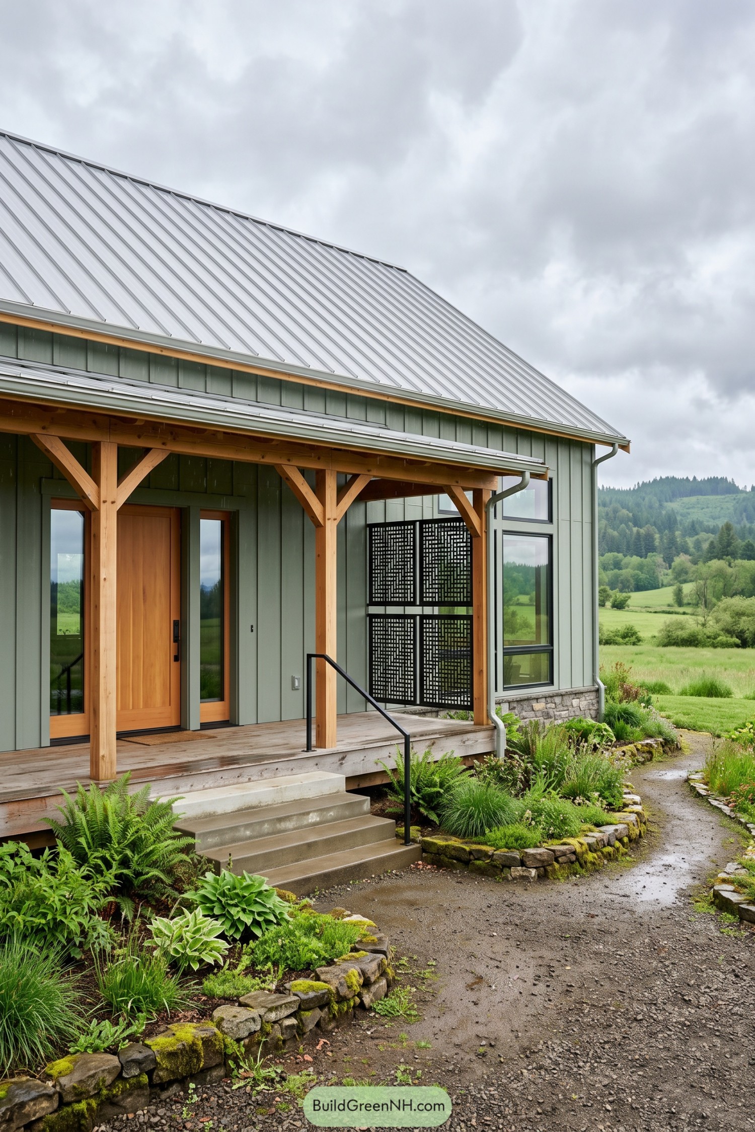 Green barn farmhouse with timber porch and metal roof