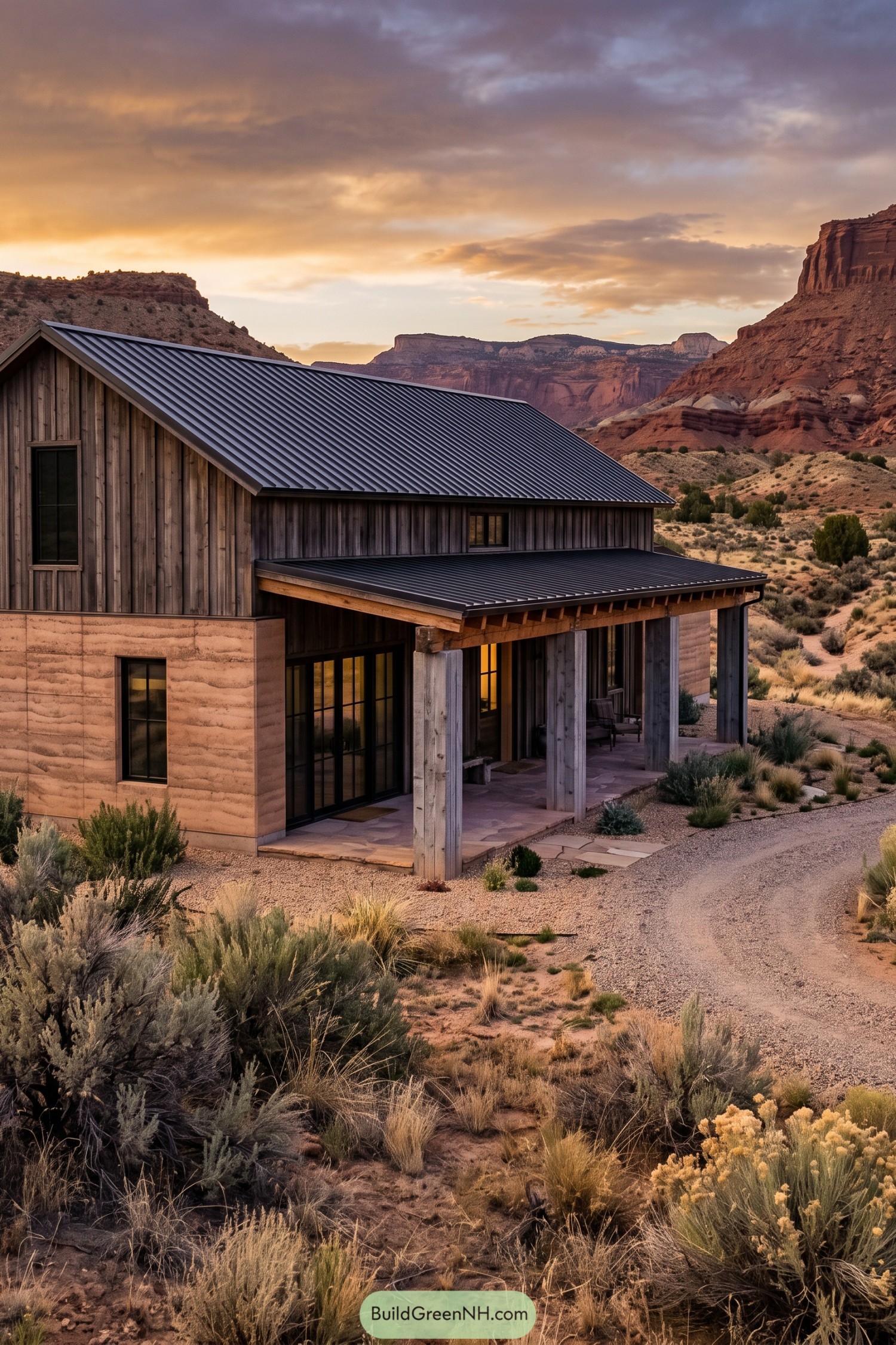 Modern barn house with a covered porch in red rock desert