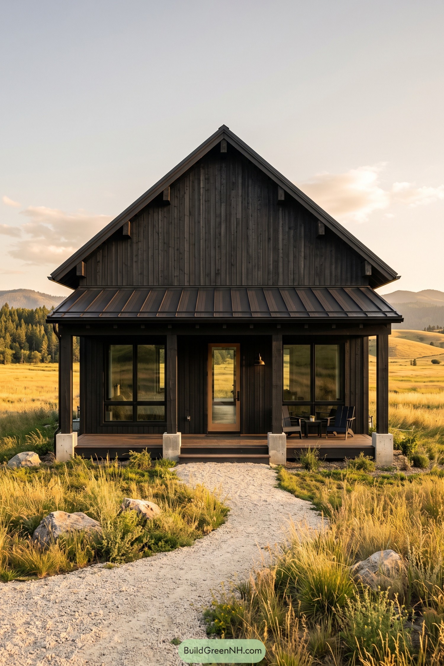 Modern black barn house with covered front porch in meadow