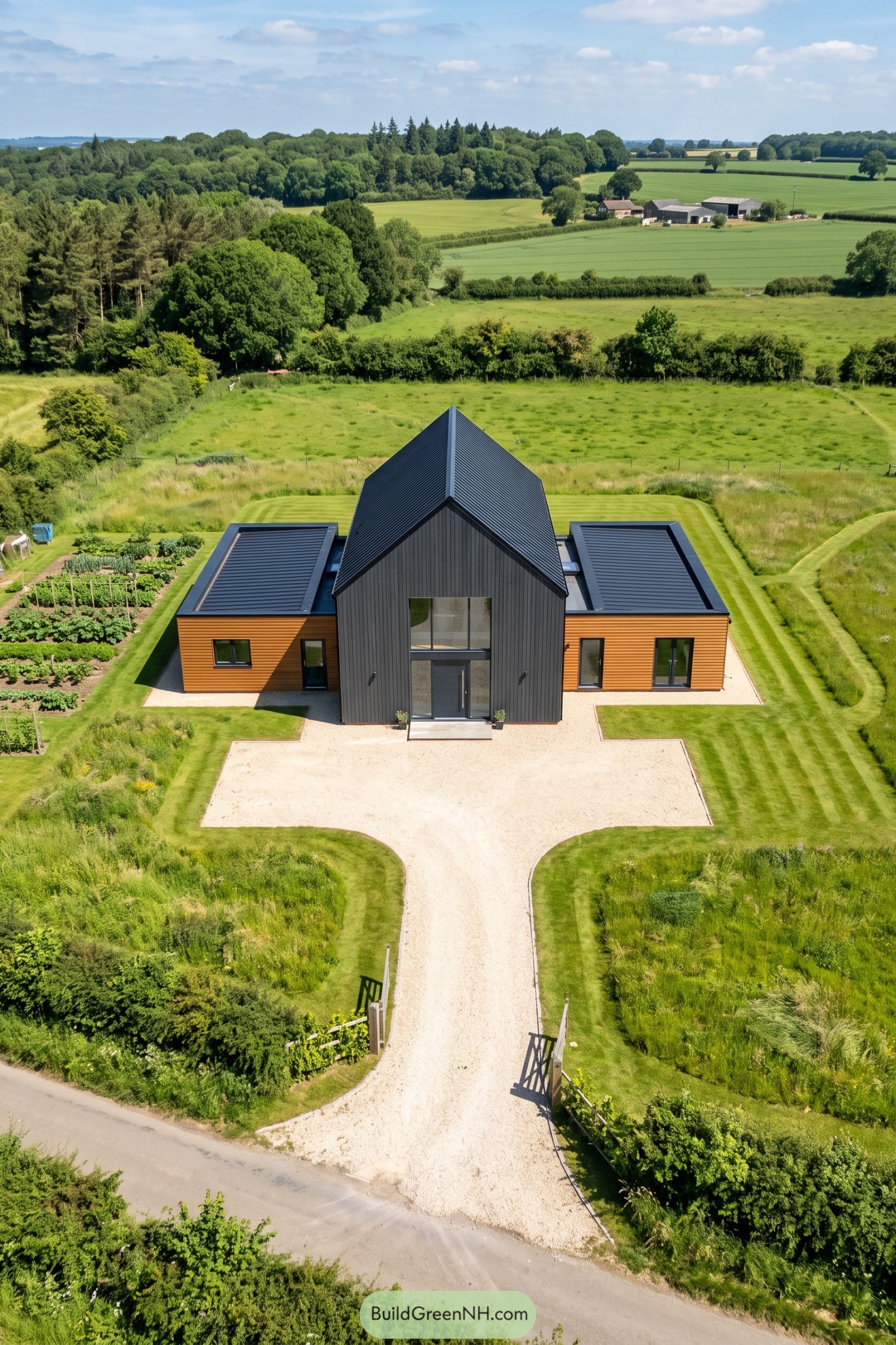 Modern barn house with dark central gable and cedar side wings in a rural field