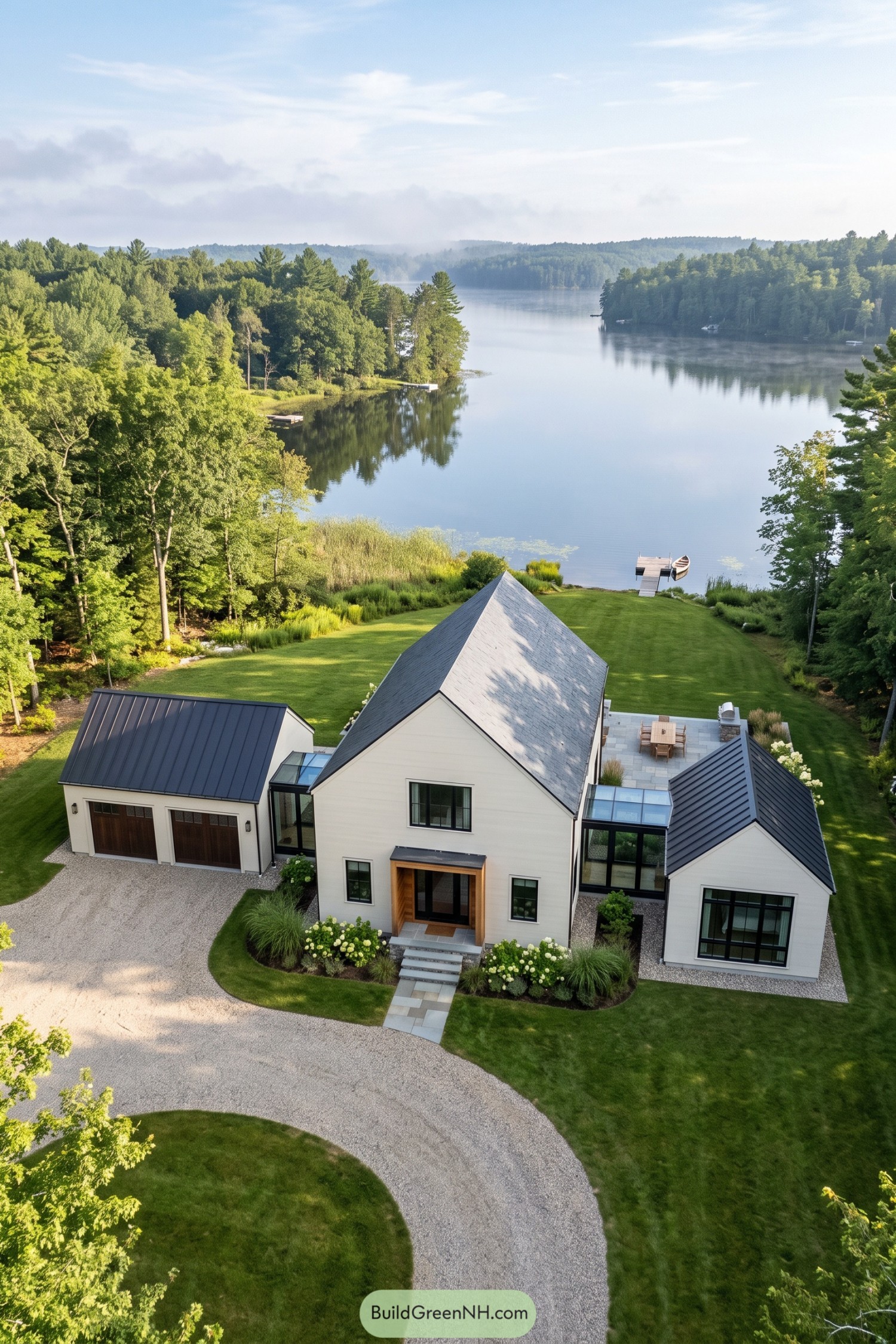 White gabled barn house with wings beside a wooded lake