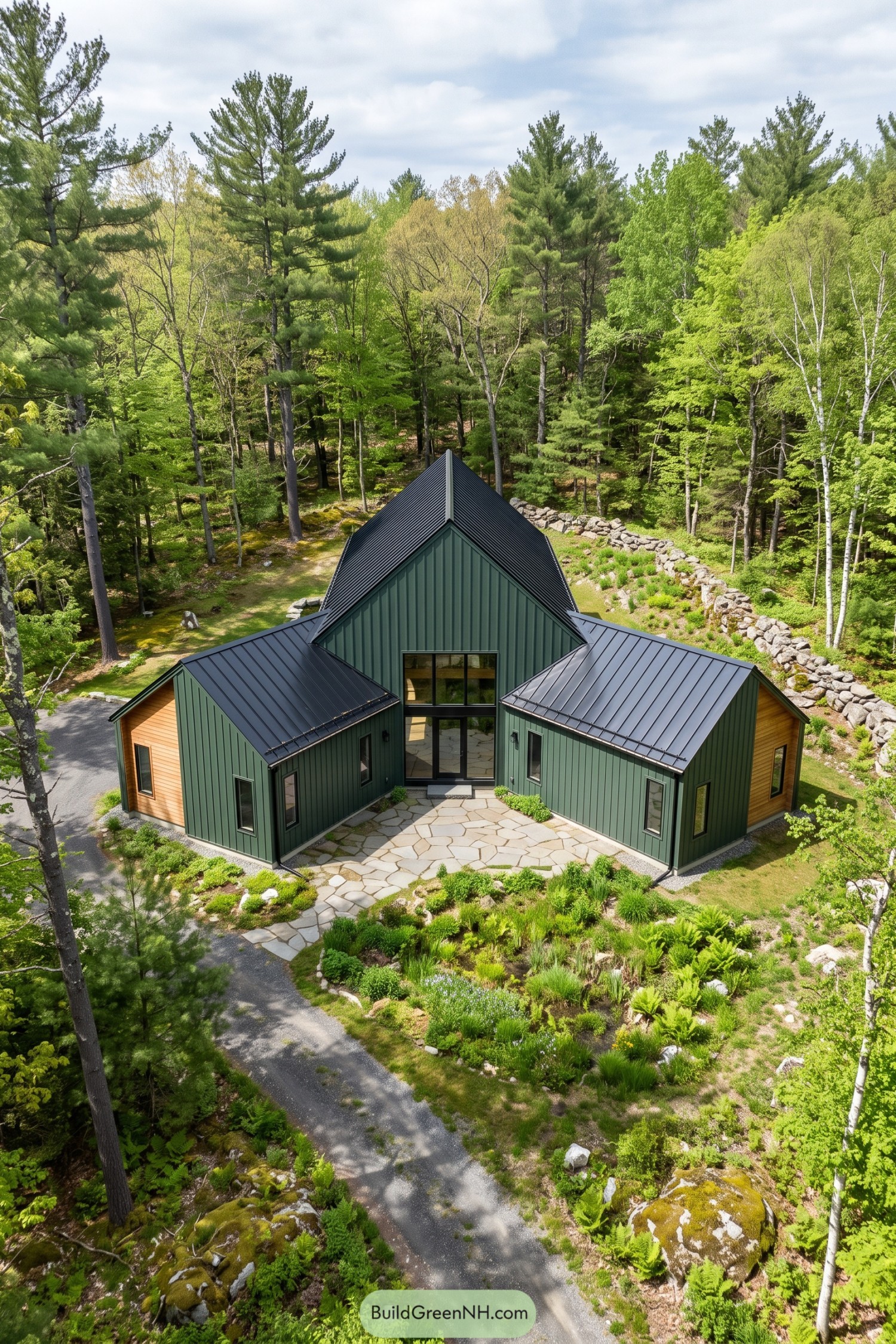 Forest green barn house with cedar wings and stone courtyard