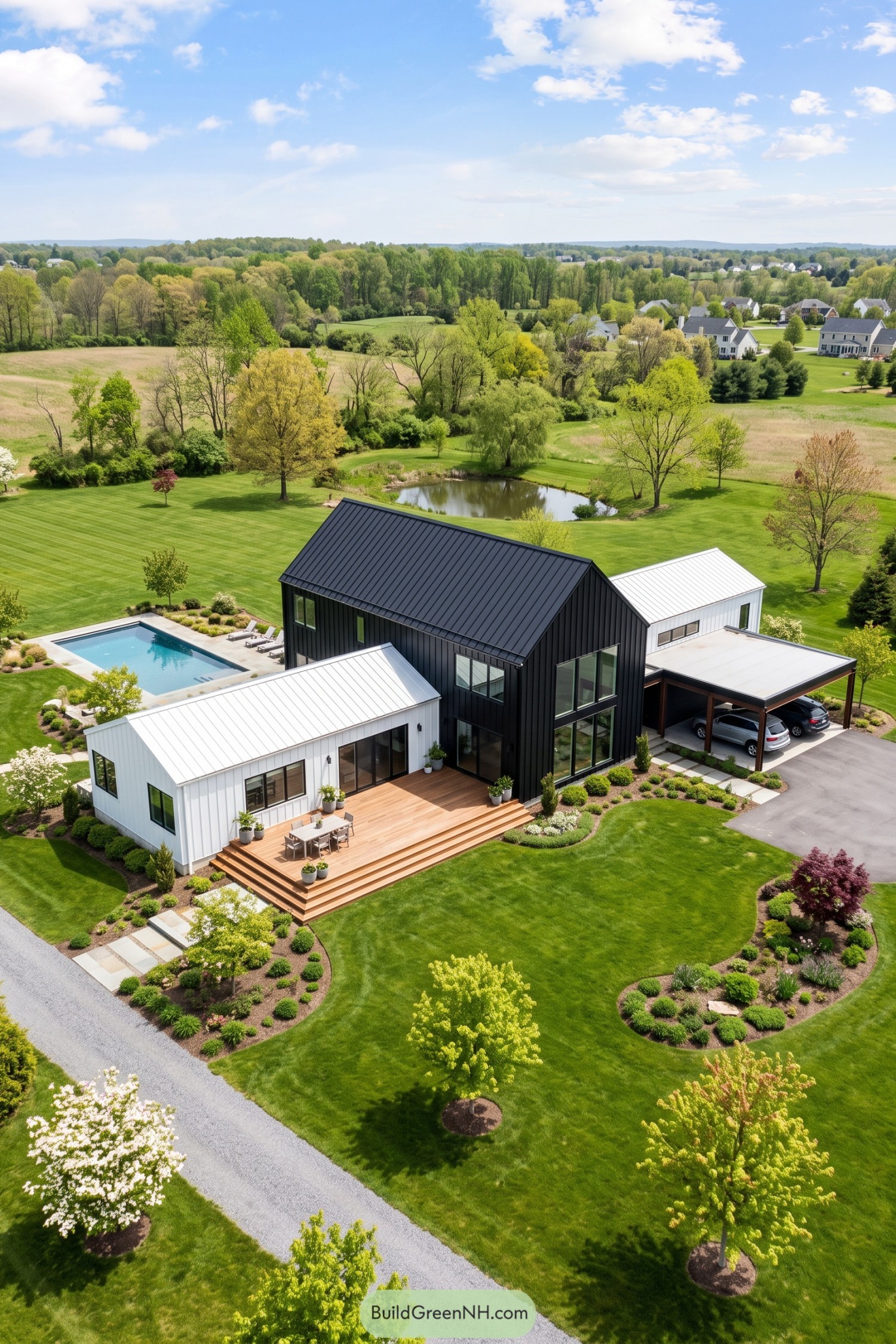 Black Gabled Barn With White Wings And Pool