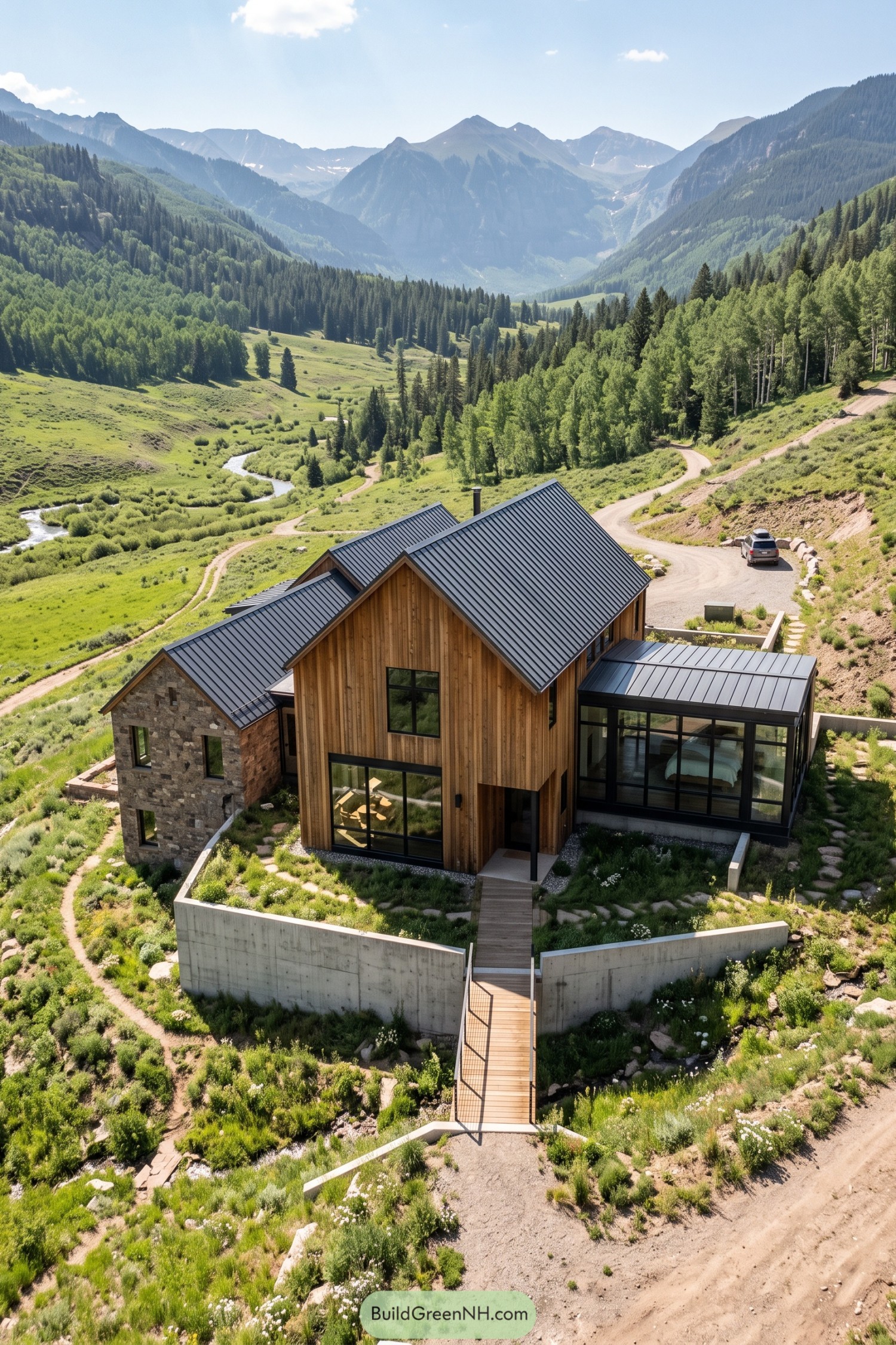 Modern timber barn house with stone and glass wings in a mountain valley
