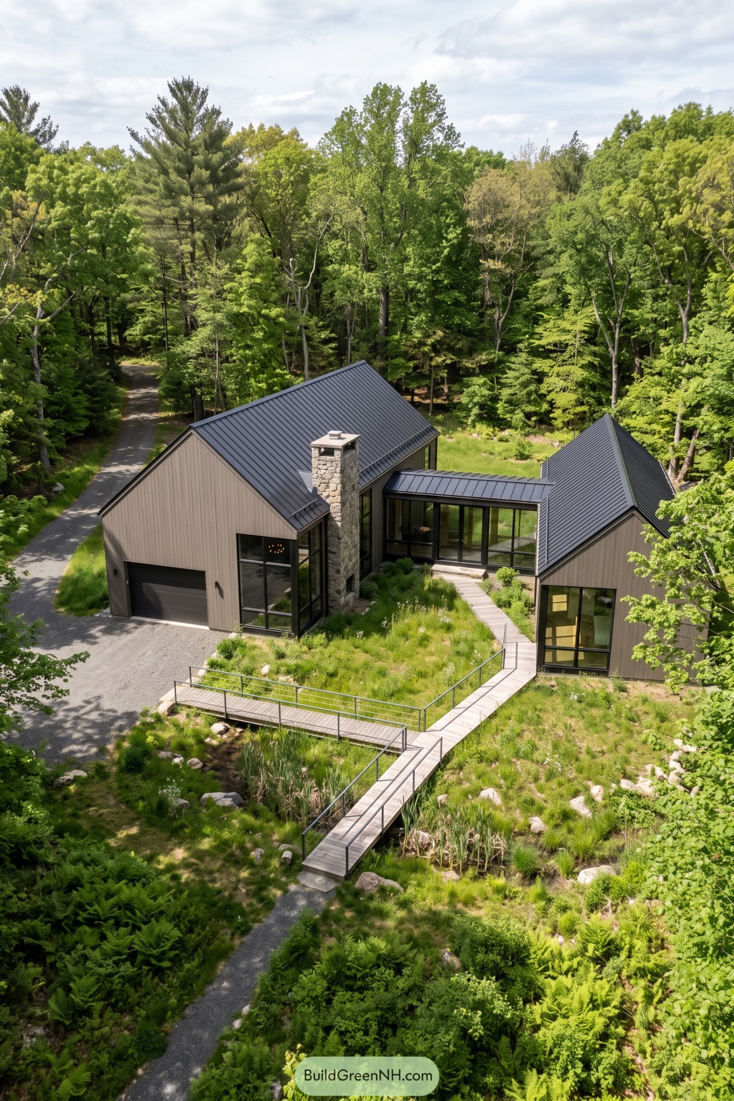 Modern barn house with gabled wings and stone chimney in woodland