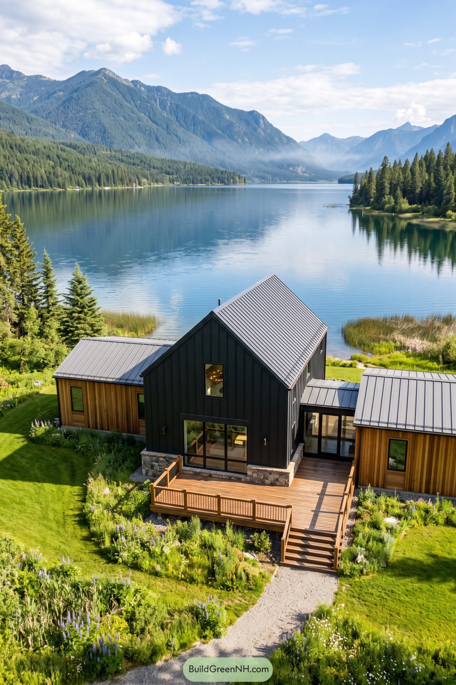 Modern black gable barn with cedar wings overlooking a mountain lake