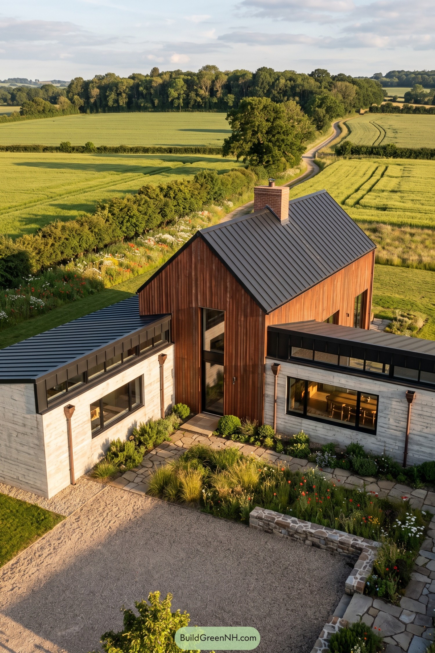 Modern barn home with low wings overlooking green fields