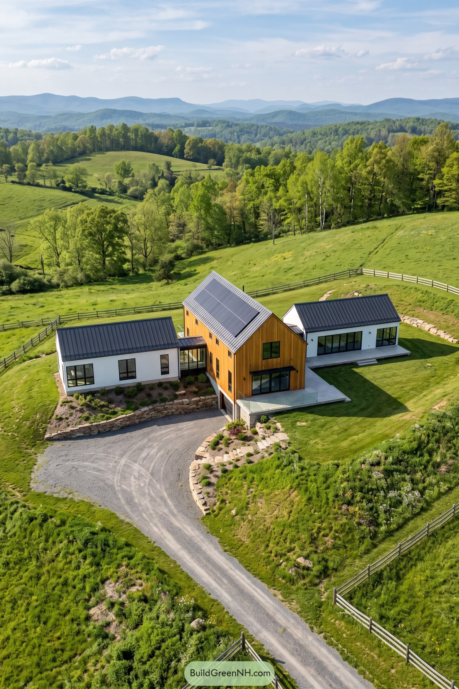 Aerial view of a solar-roofed timber barn house with white wings on a green hillside