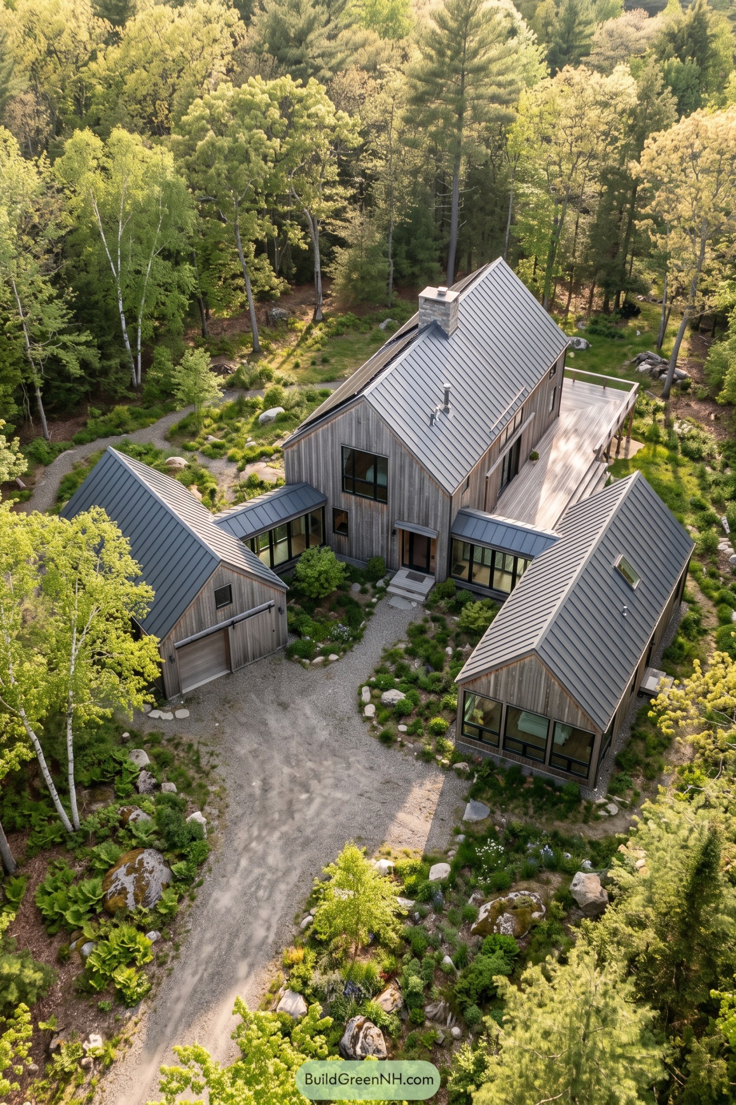 Aerial view of a cedar barn house with gabled wings in woods