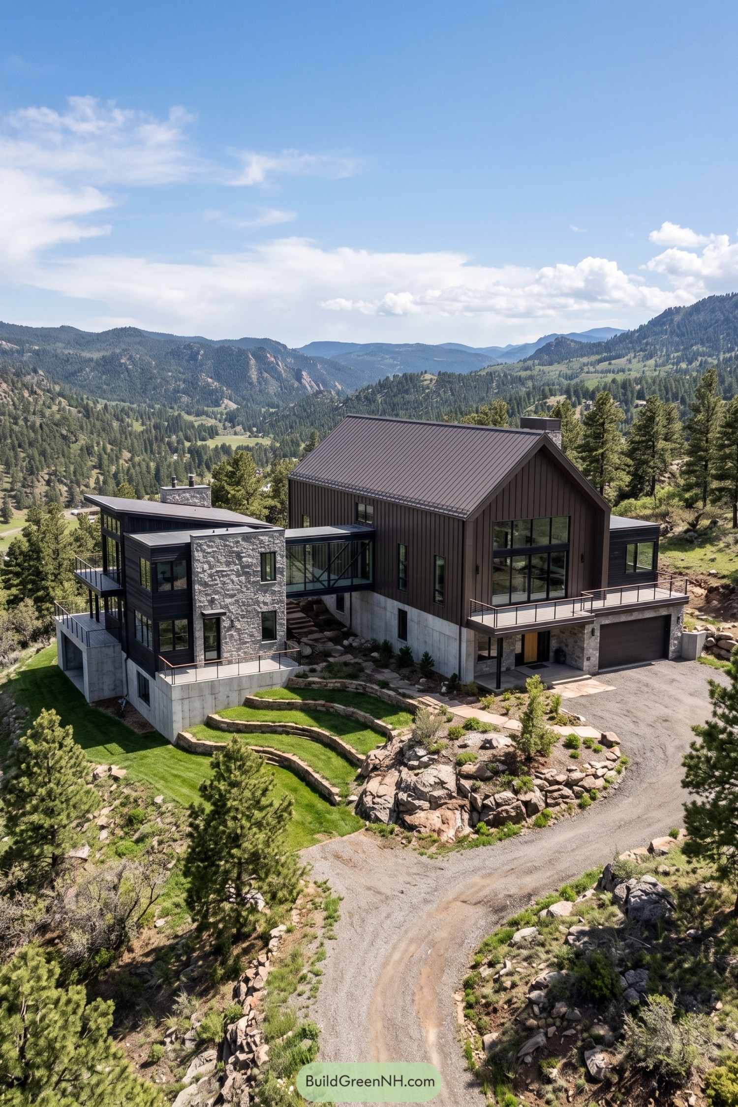 Modern dark barn house with stone wing overlooking mountains