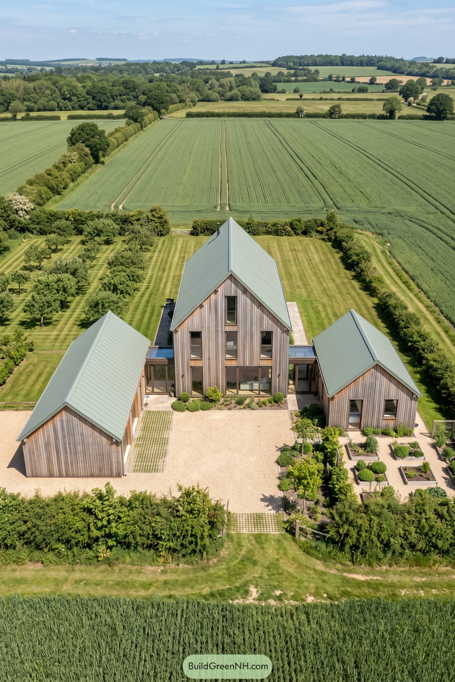 Three gabled timber-clad volumes frame a gravel courtyard beside fields