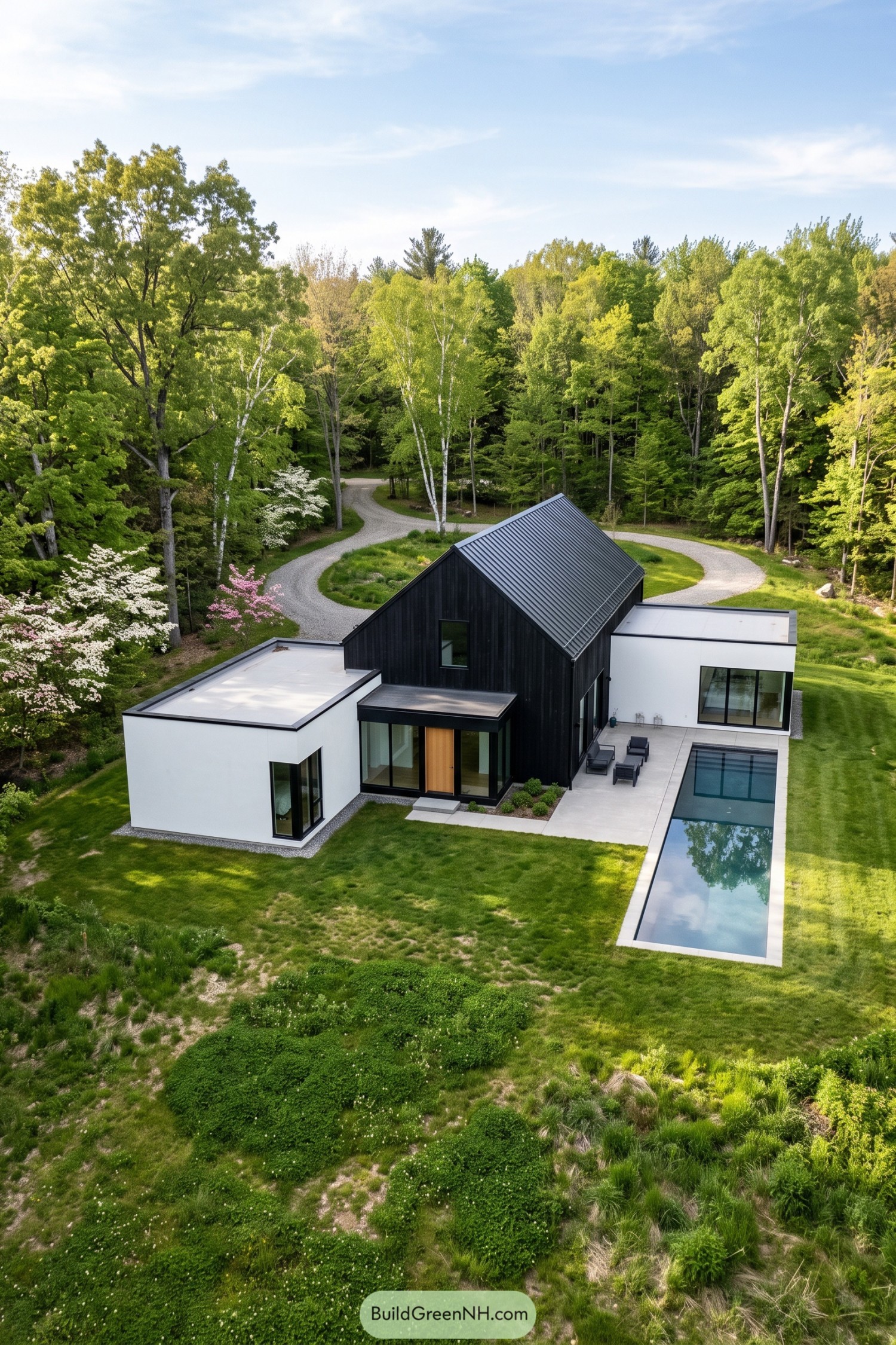 Black gabled barn house with white wings and pool