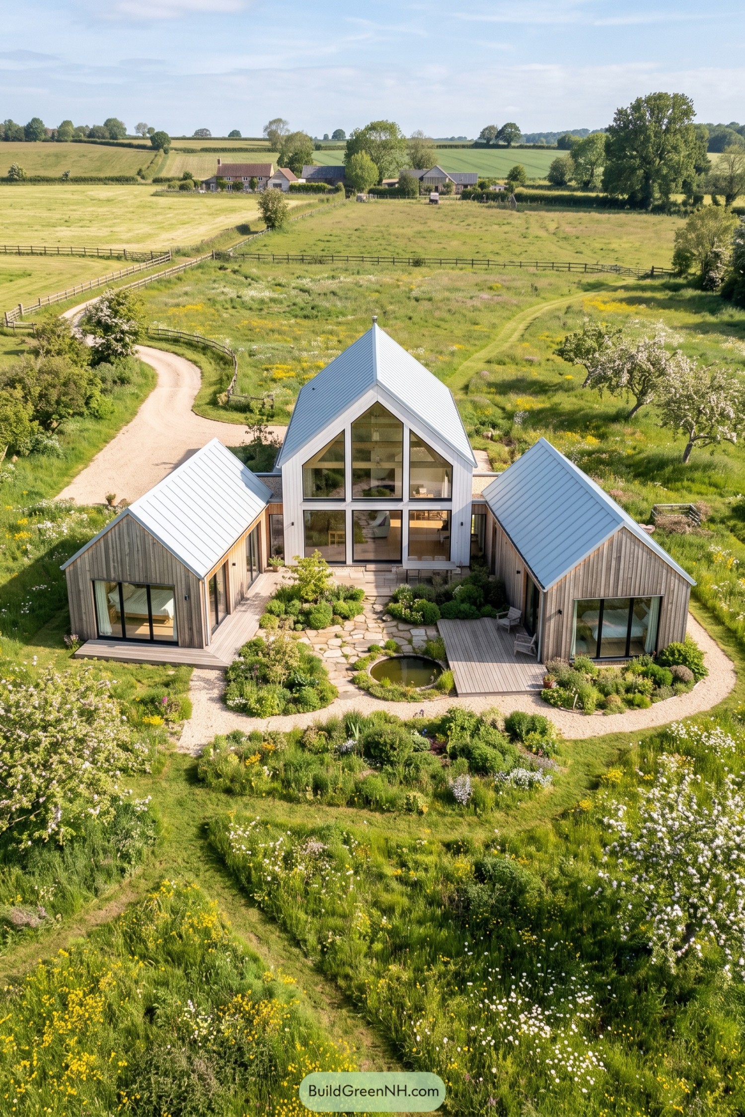 Three-gabled barn home with a garden courtyard in open meadowland