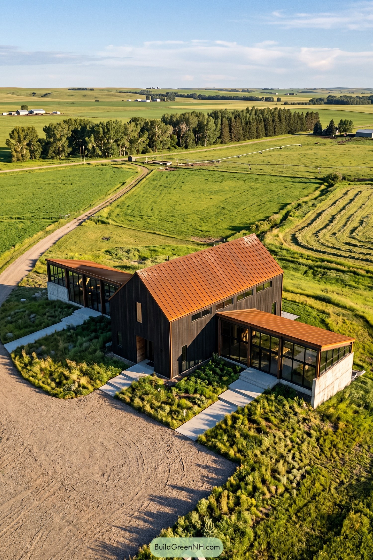 Dark-clad barn house with copper roof and glass wings in open farmland