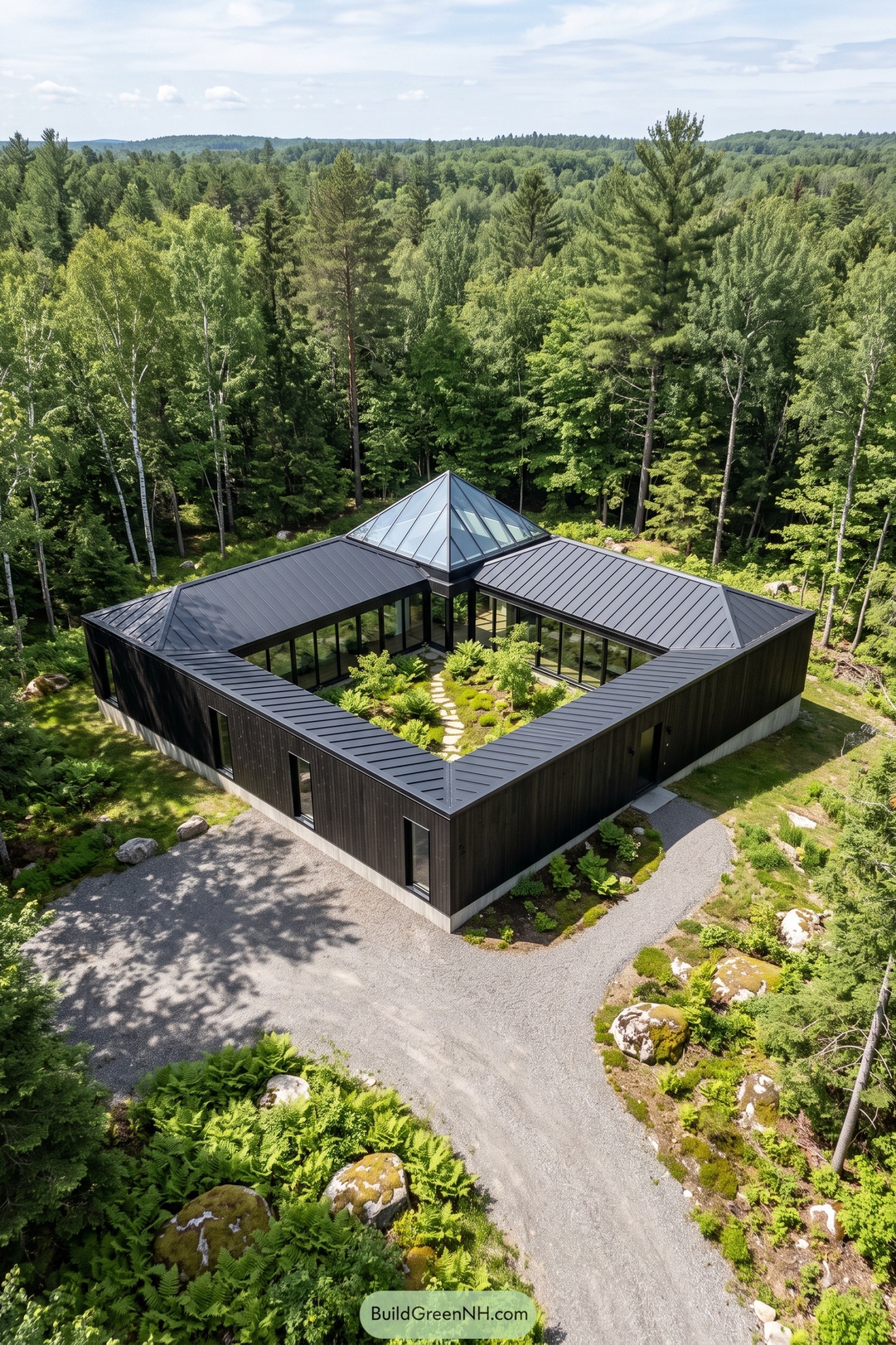 Dark timber courtyard home nestled within a dense forest