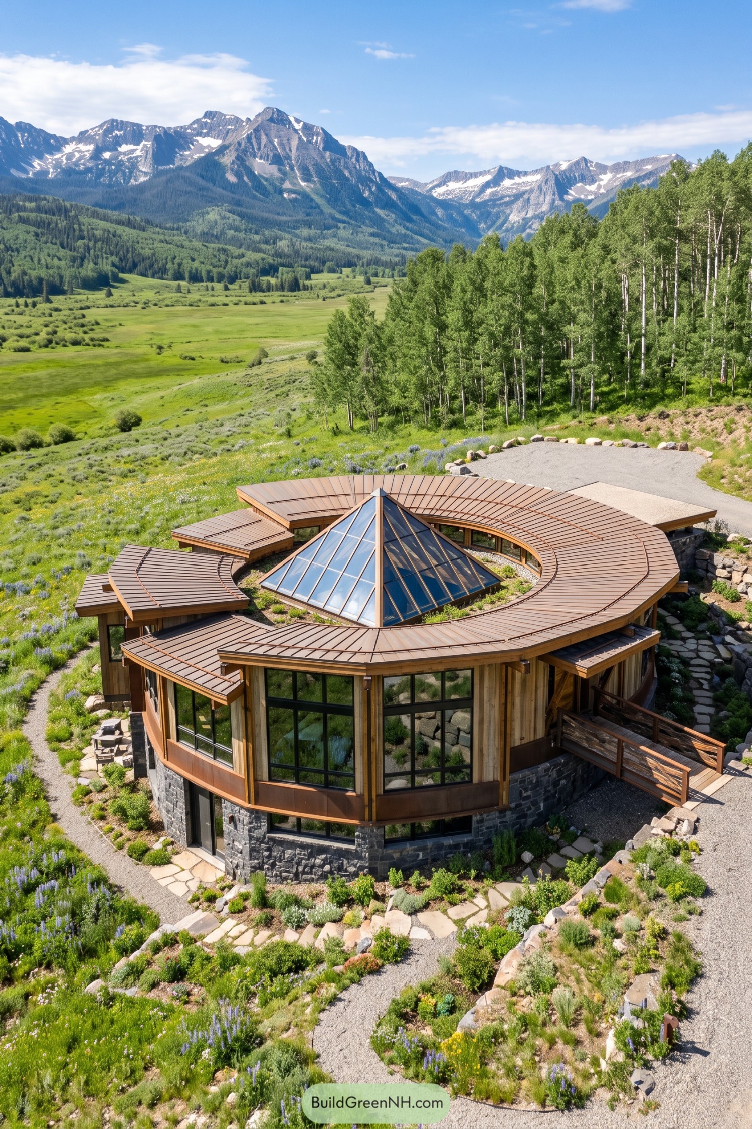 Circular timber home with a glass pyramid courtyard in a mountain meadow