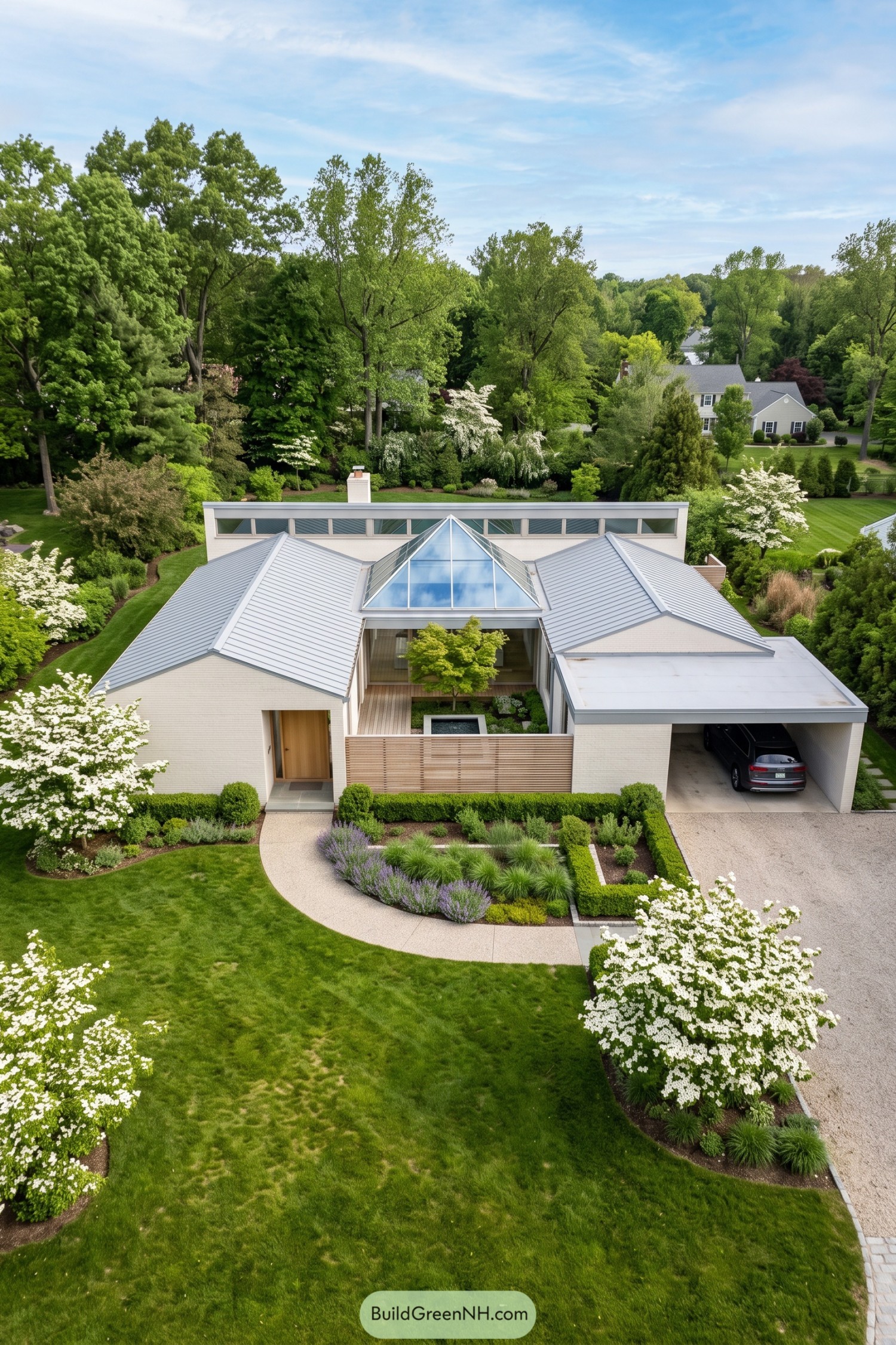 A white brick courtyard home with a glazed roof peak