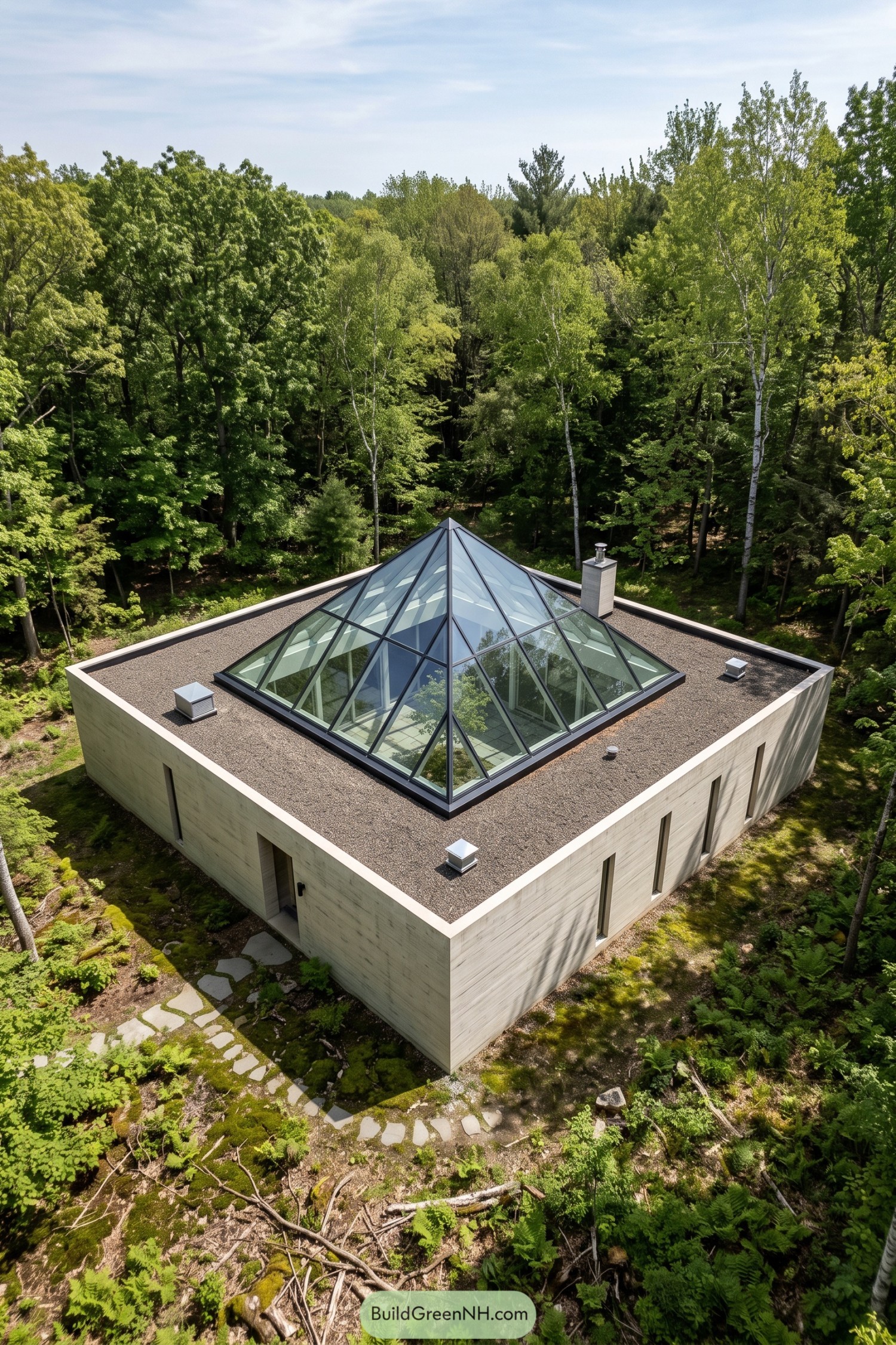 Concrete courtyard house with pyramidal glass roof in forest