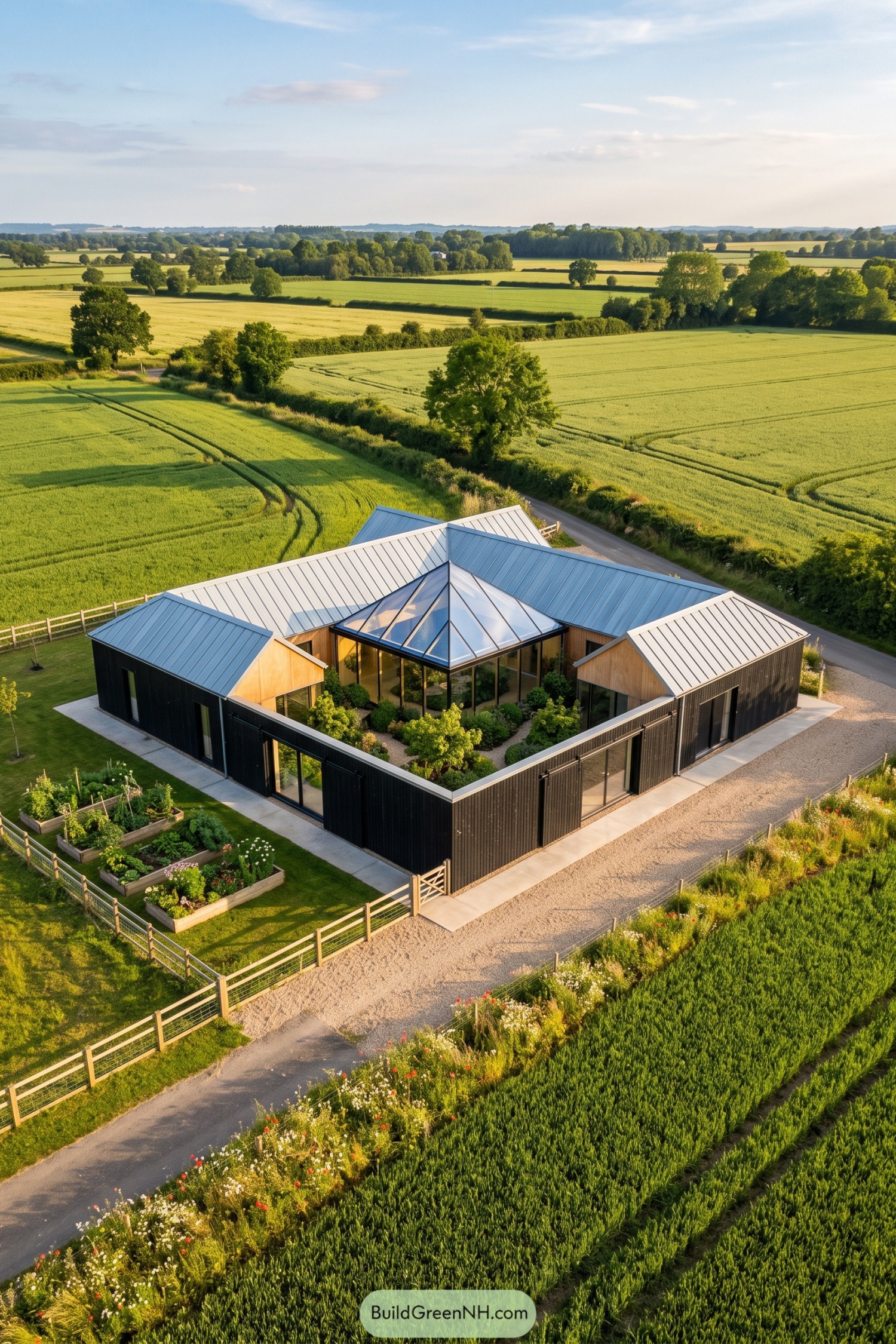 Black-clad courtyard home with glazed roof and kitchen garden