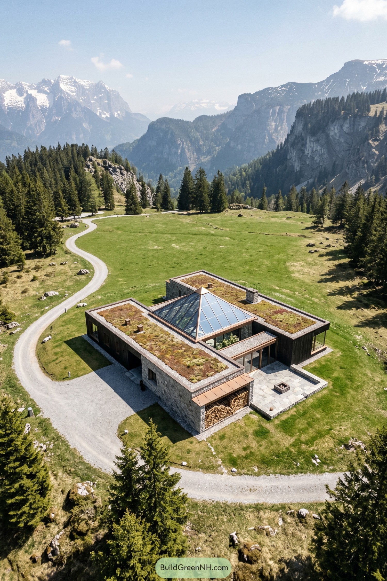 A stone courtyard house with green roofs in an alpine meadow