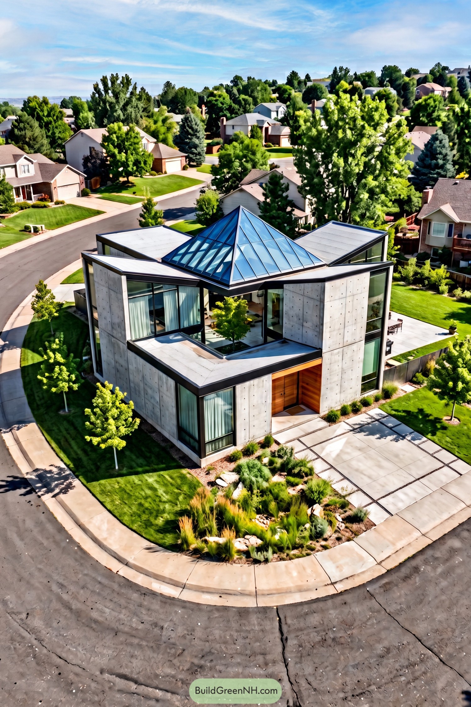 Modern concrete home centered on a blue glazed courtyard lantern