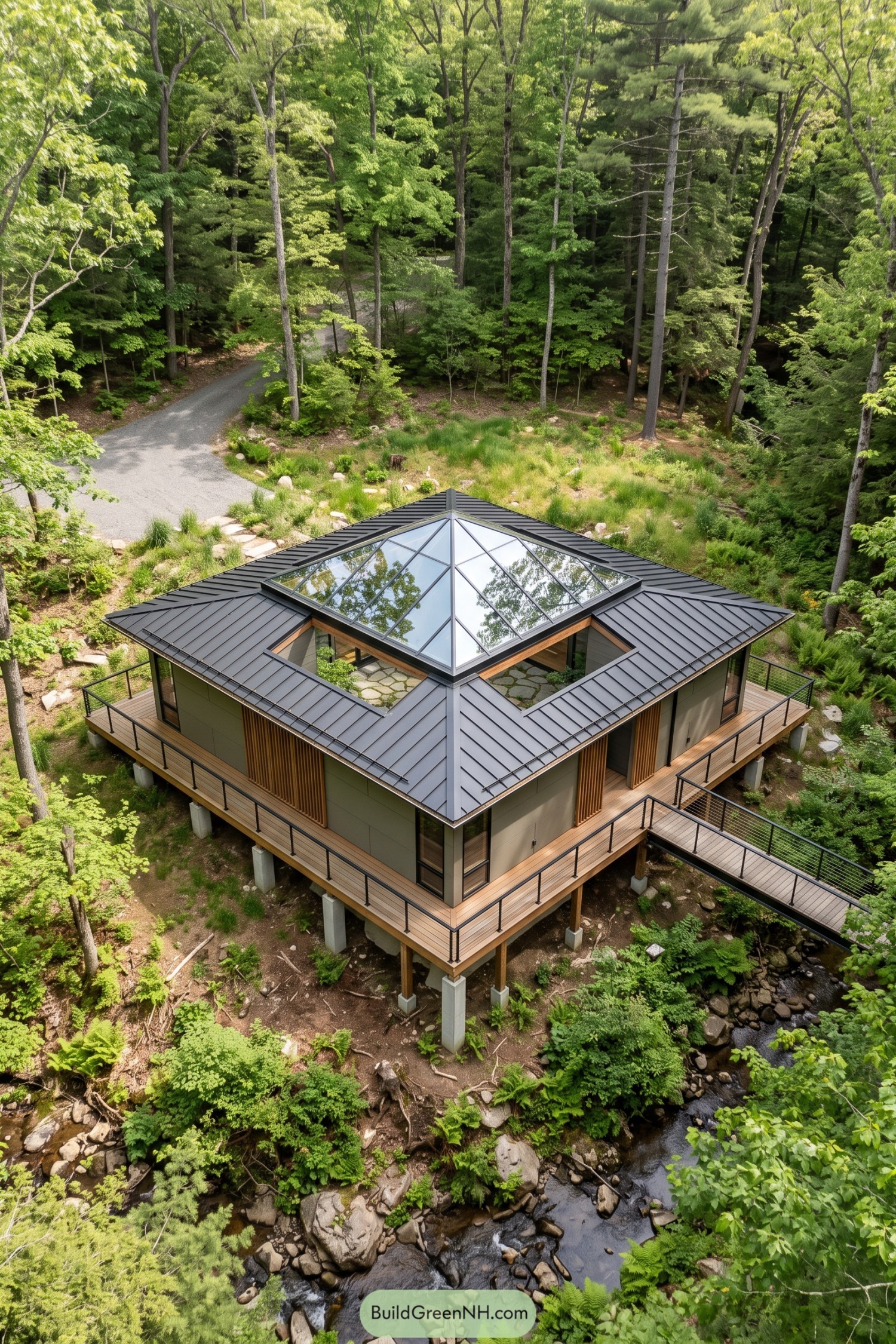 Elevated forest home with a central courtyard and glass roof lantern