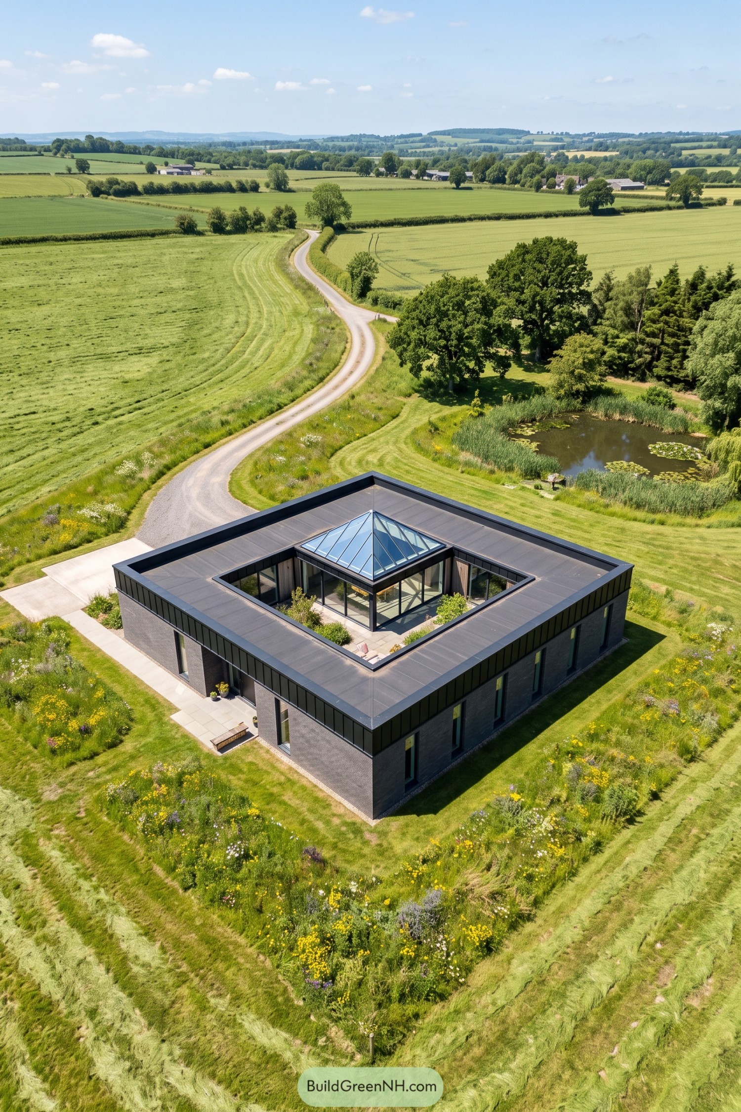 A dark square courtyard home amid rolling farmland and wildflower meadow