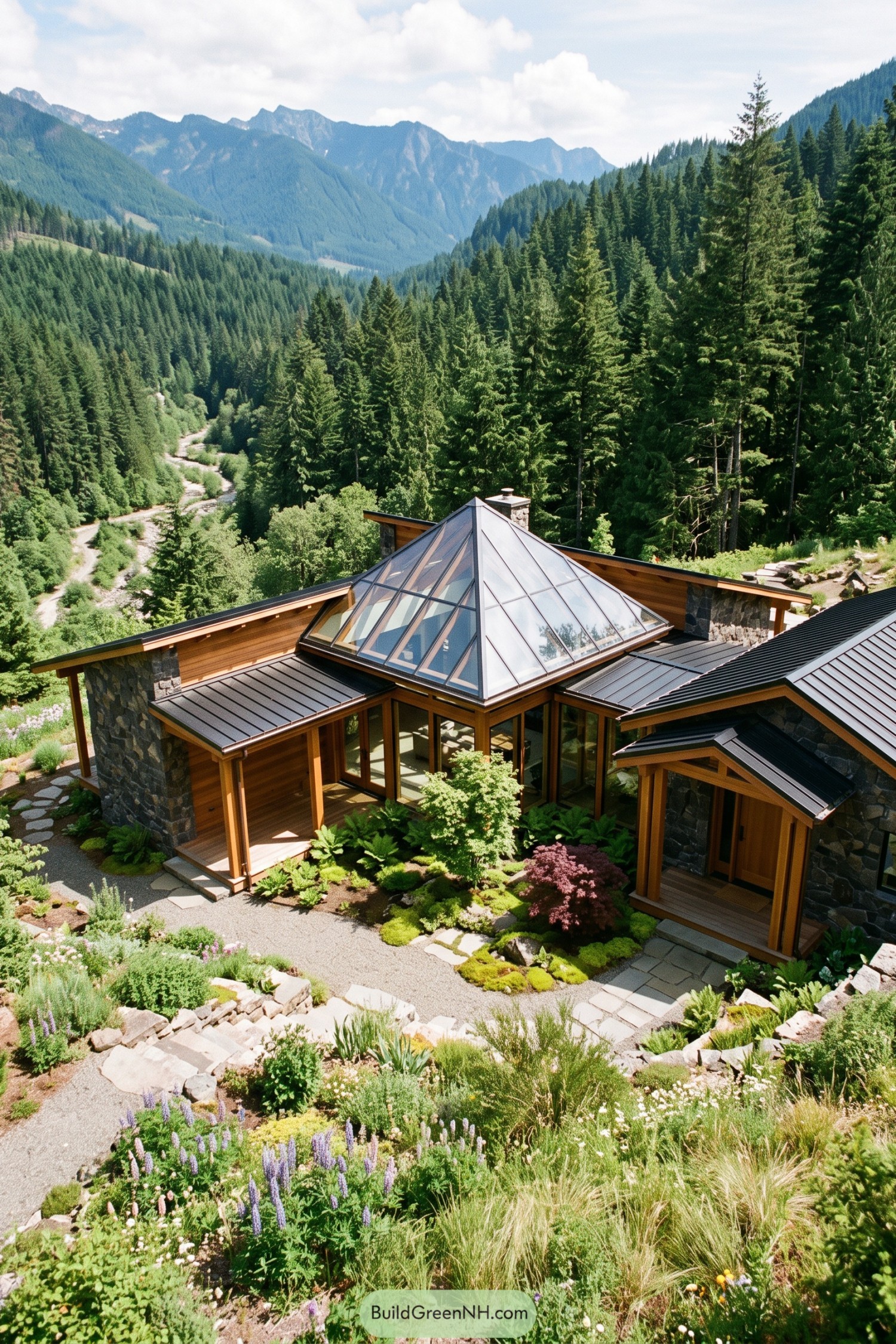 Timber and stone courtyard home overlooking a forested mountain valley