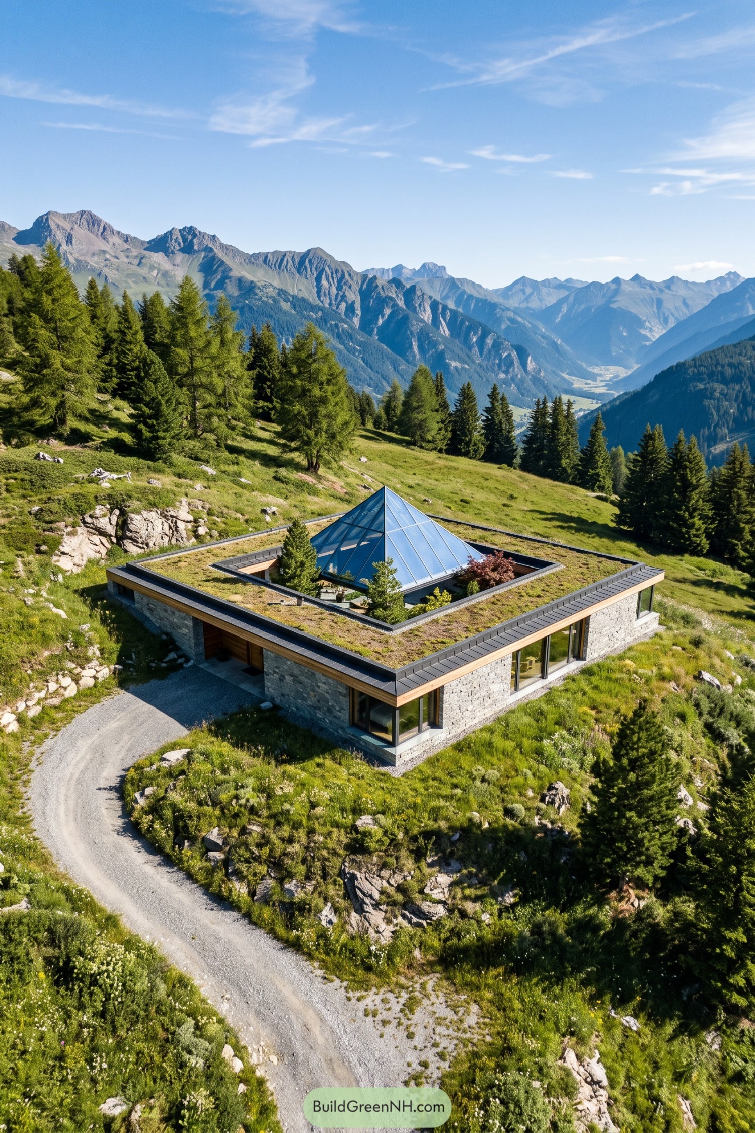 Stone courtyard house with a glazed pyramid roof in alpine terrain