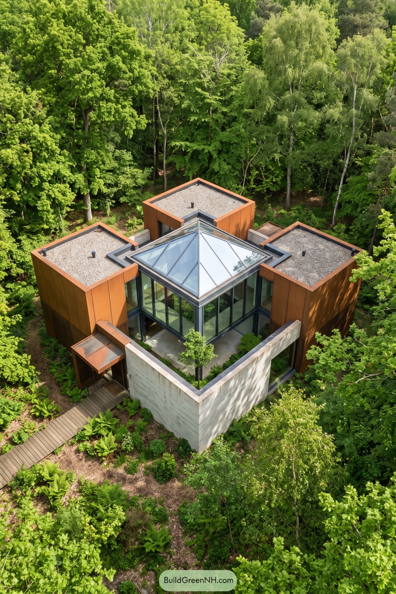 Forest home with rust-toned wings and glazed courtyard