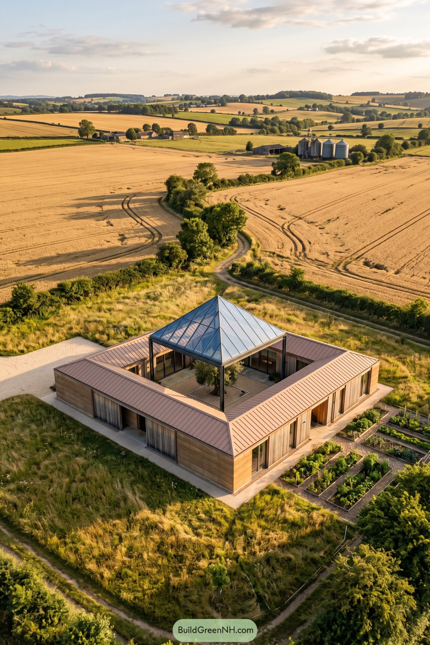 Aerial view of timber courtyard house in fields