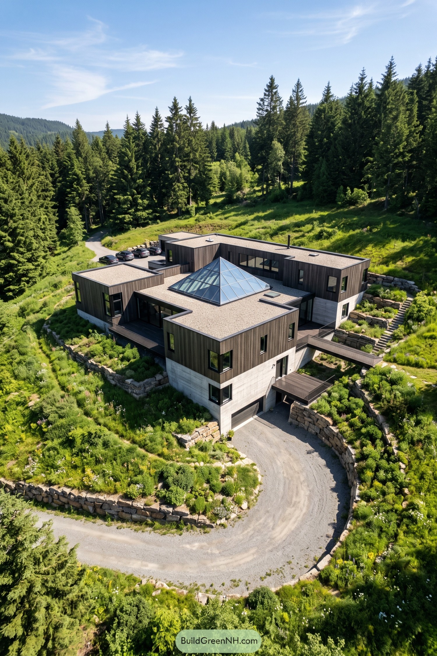 Modern timber home with a pyramidal skylight in a forest clearing