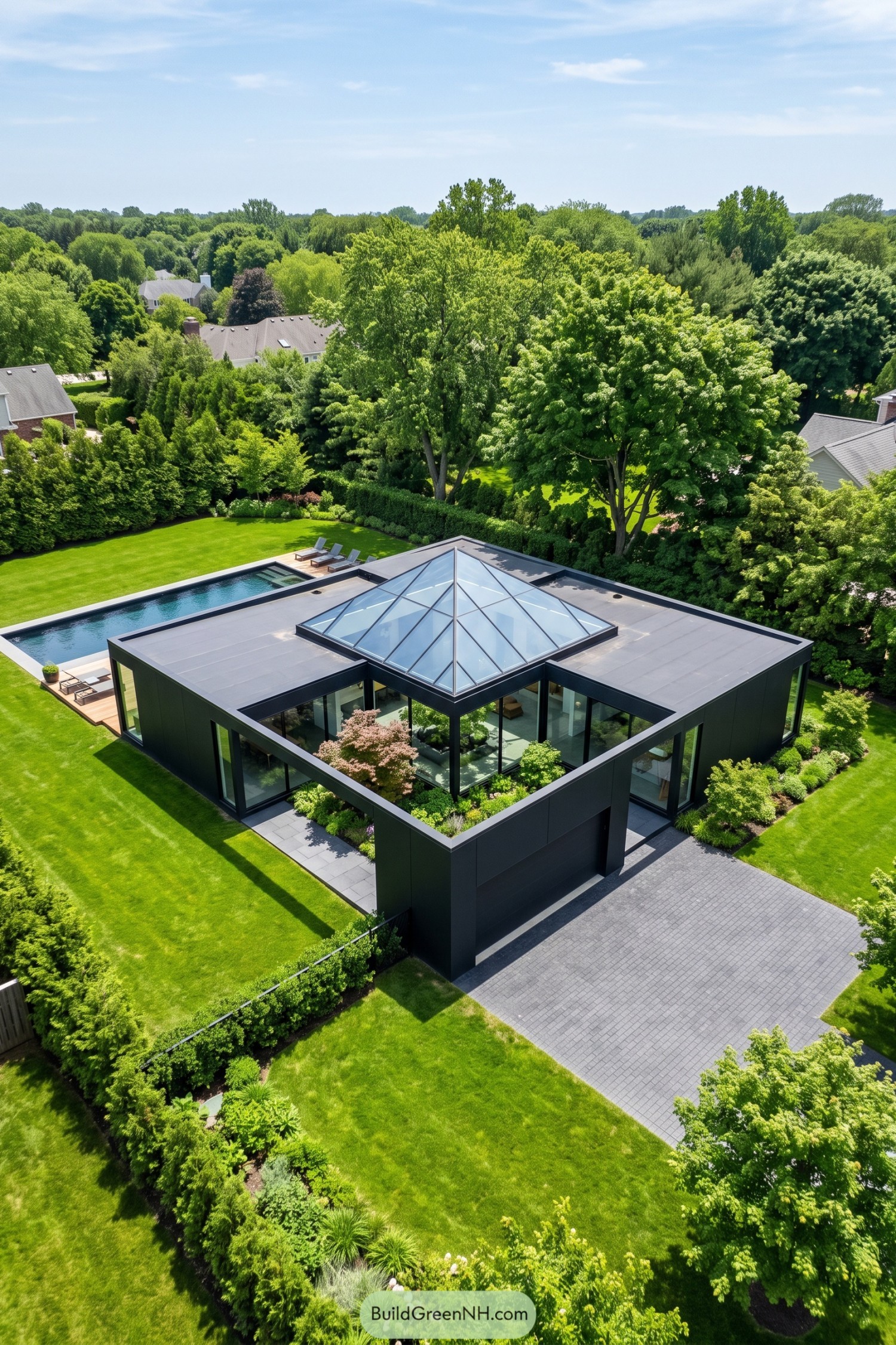 Modern black courtyard house with a pyramidal roof lantern